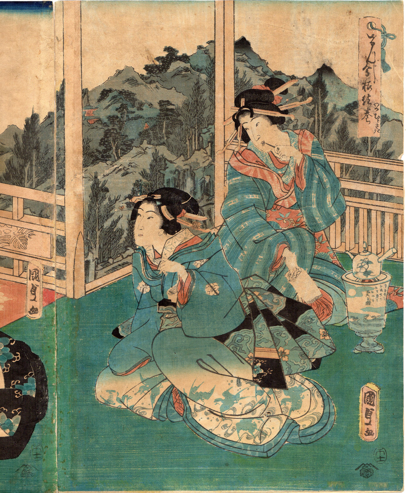 RB 1083 416x506 Antique Print-TRIPTYCH-COURTISAN-ADMIRER-WOODBLOCK-JAPANESE-Kunisada-1858 - Image 4