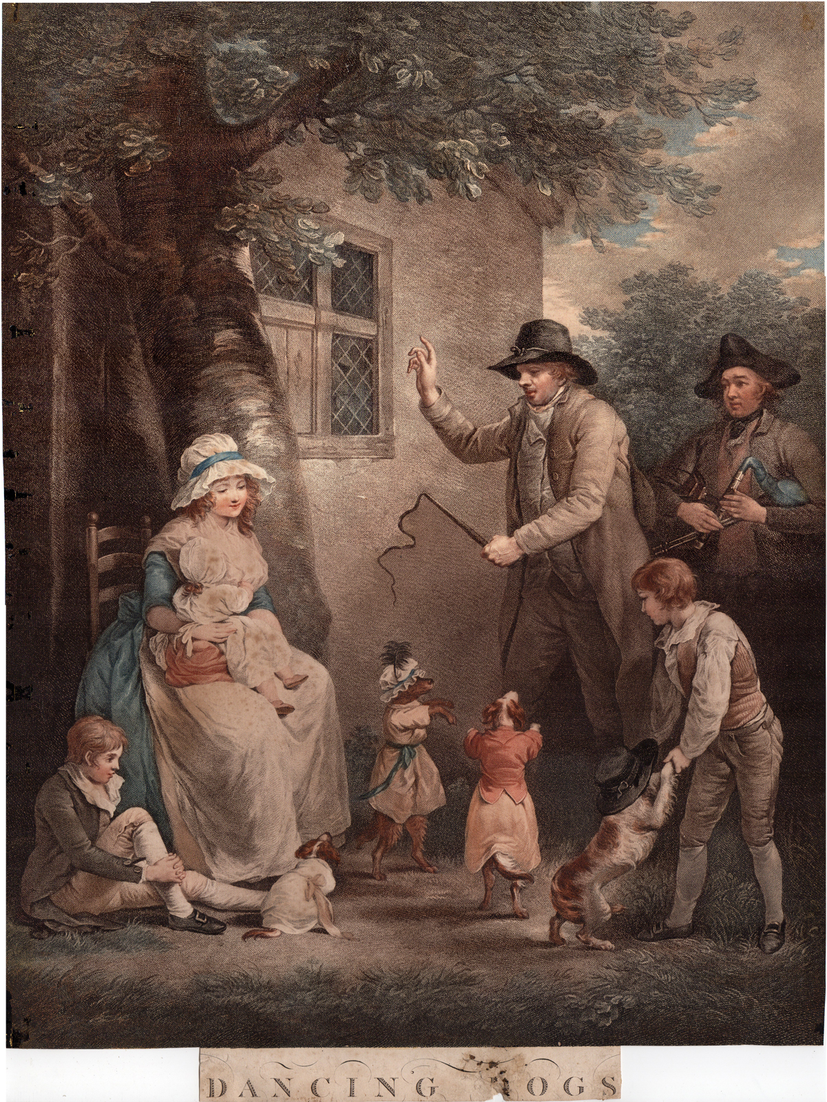 , Antique Master Print-DANCING DOGS-FAMILY-BAGPIPE-Gaugain-Morland-1790, Pictura Antique Prints