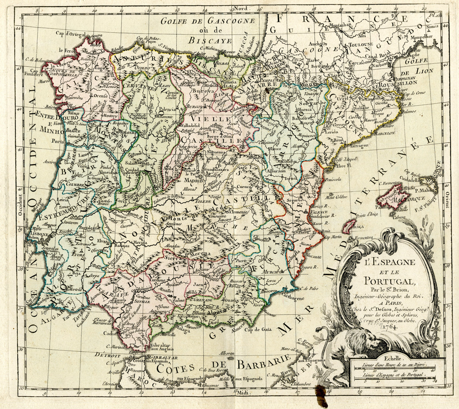 , Rare Antique Print-SPAIN-PORTUGAL-Brion de la Tour-Desnos-c.1765, Pictura Antique Prints