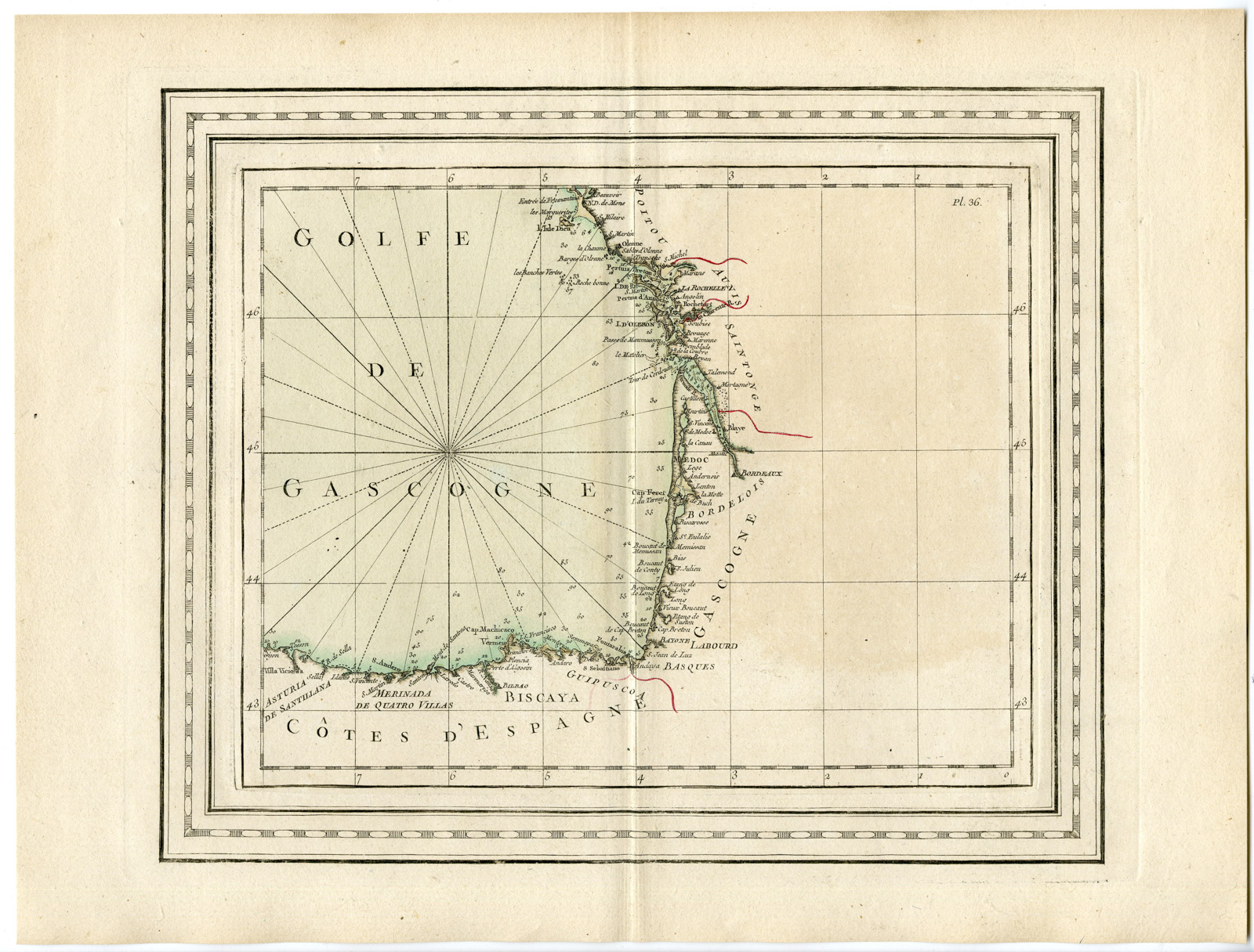 , Rare Antique Print-GULF OF BISCAY-SPAIN-FRANCE-Brion de la Tour-Desnos-c.1765, Pictura Antique Prints