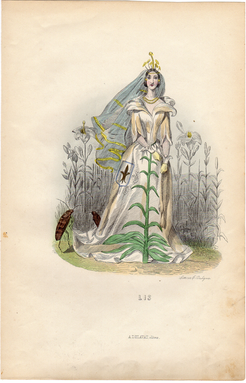 , Antique Print-FLOWERS PERSONIFIED-QUEEN OF FRANCE-LILLY-BEETLE-Grandville-1852, Pictura Antique Prints