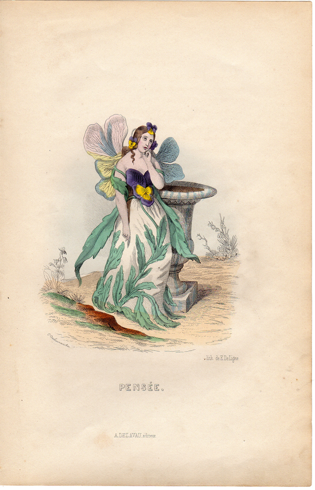 Pco 0704 416x647 Antique Print-FLOWERS PERSONIFIED-LADY IN THOUGHT-VIOLET-PENSEE-Grandville-1852
