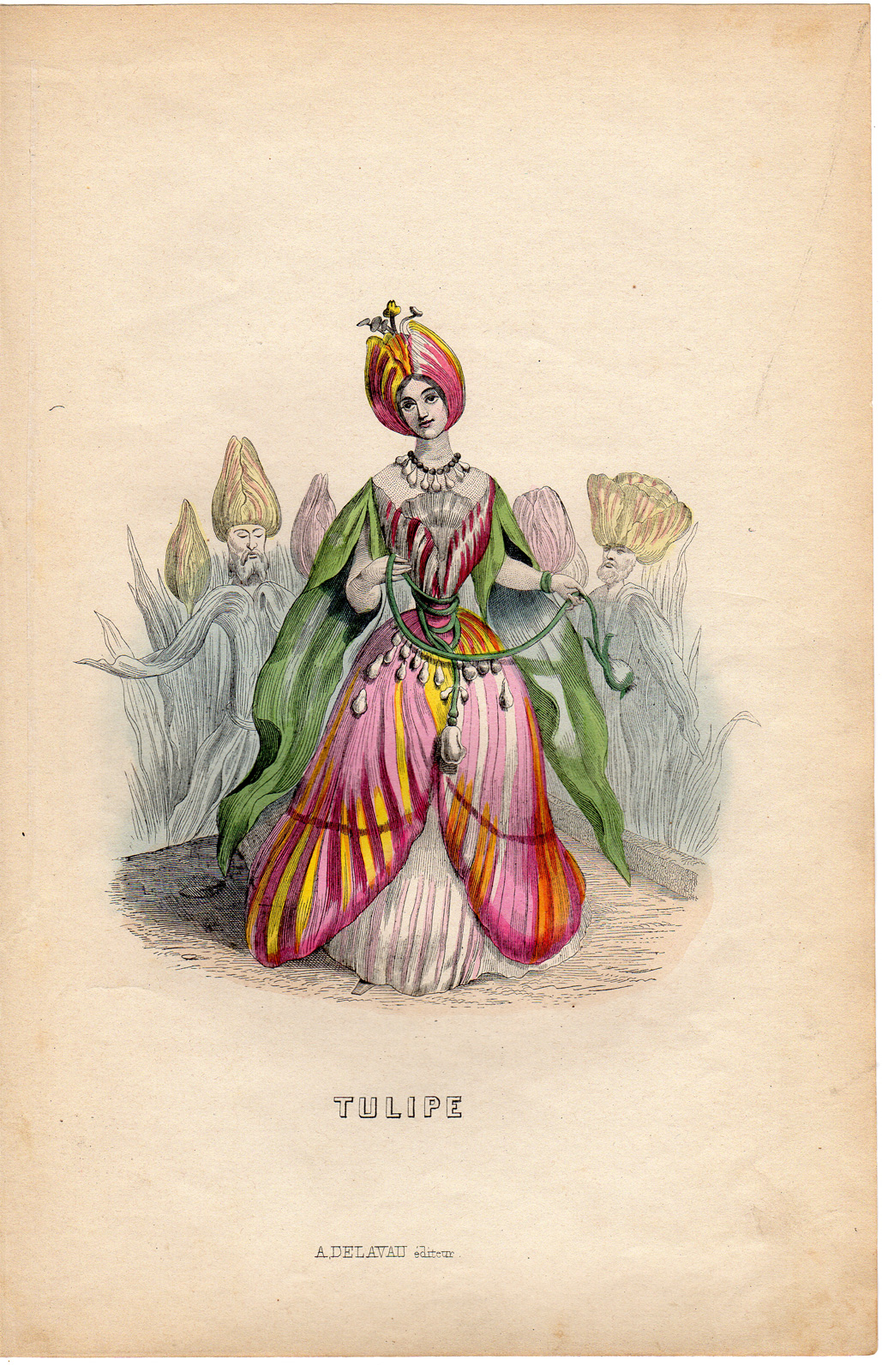 , Antique Print-FLOWERS PERSONIFIED-TULIP-SULTAN-TURKEY-Grandville-1852, Pictura Antique Prints
