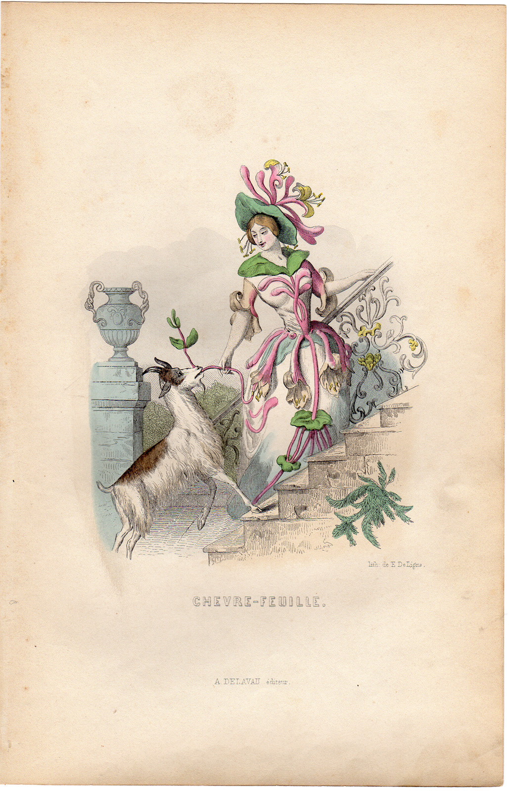 , Antique Print-FLOWERS PERSONIFIED-WOMAN AS HONEYSUCKLY-GOAT-Grandville-1852, Pictura Antique Prints