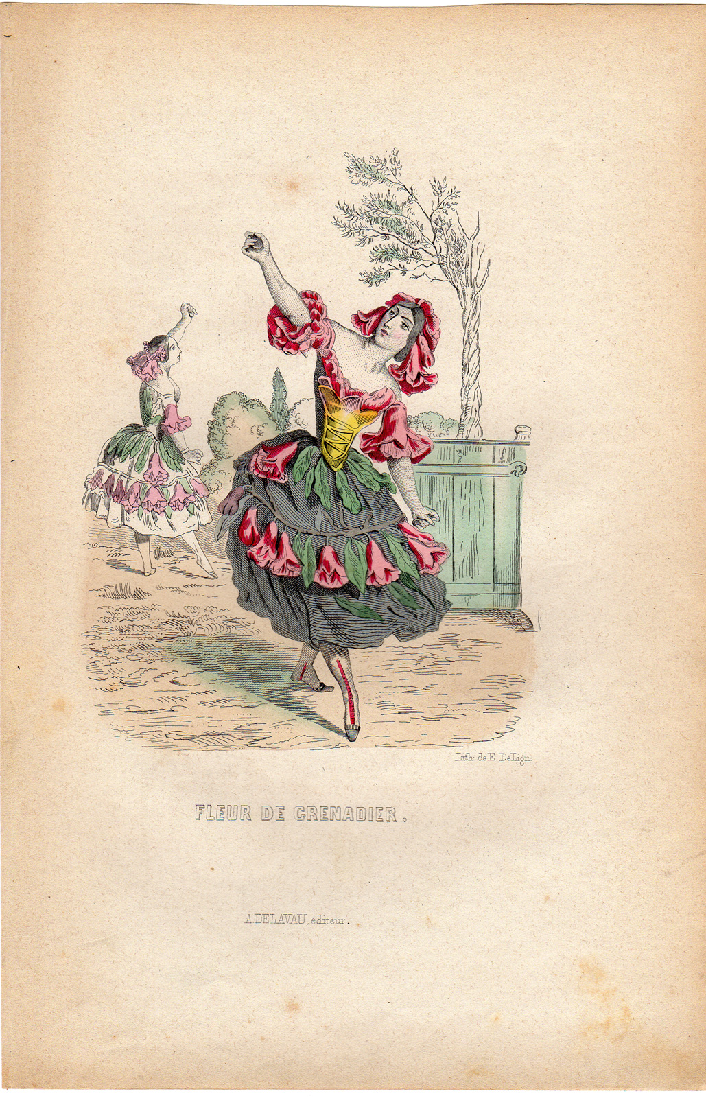 , Antique Print-FLOWERS PERSONIFIED-WOMAN AS POMEGRANATE FLOWERS-Grandville-1852, Pictura Antique Prints
