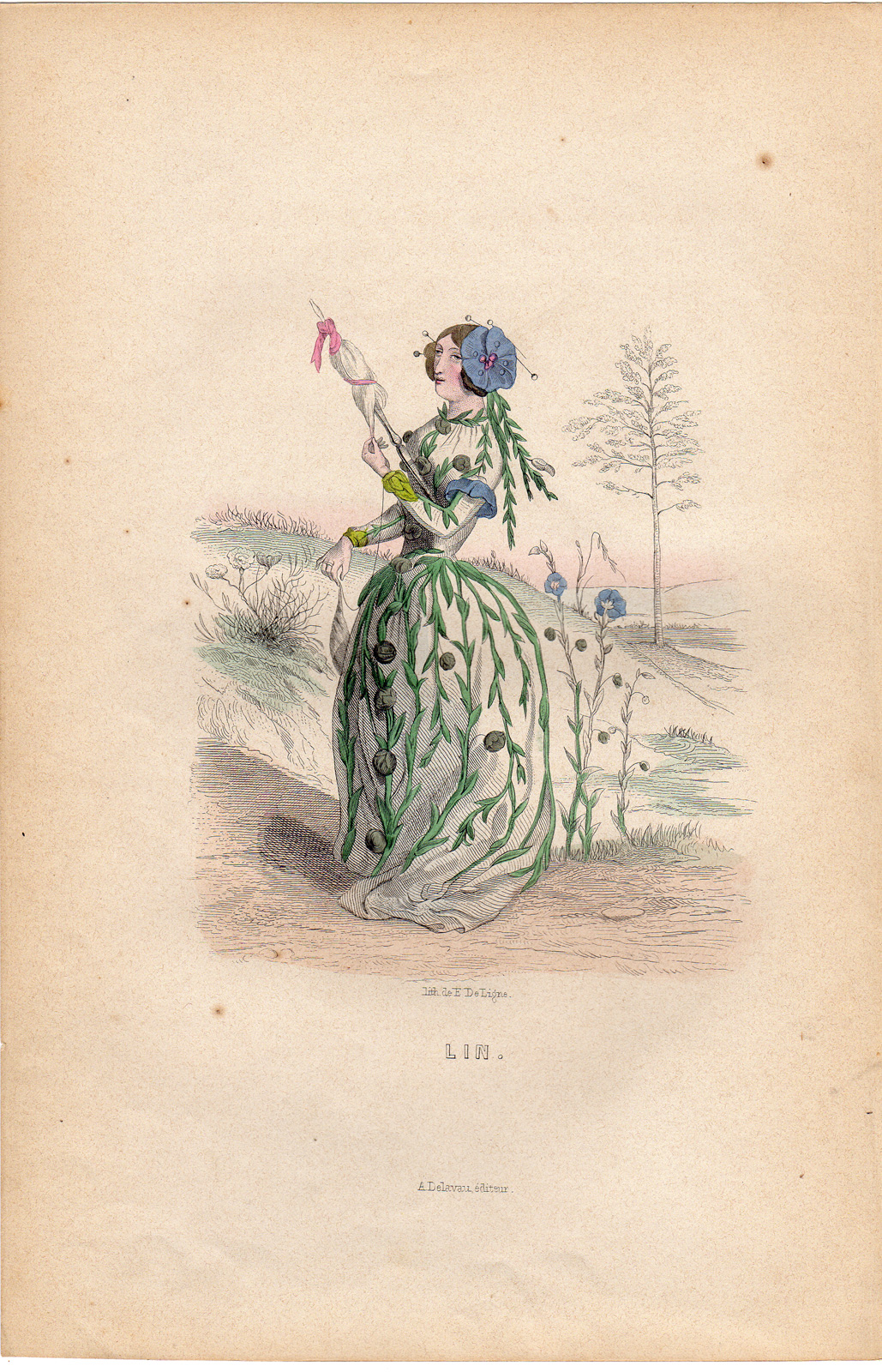 , Antique Print-FLOWERS PERSONIFIED-WOMAN AS FLAX-LINEN SPINSTER-Grandville-1852, Pictura Antique Prints