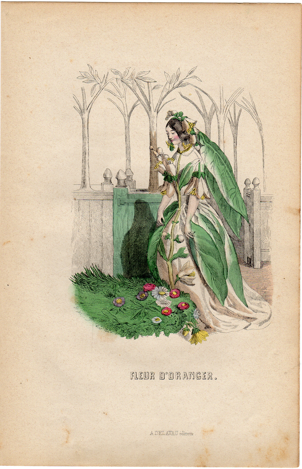 , Antique Print-FLOWERS PERSONIFIED-WOMAN ORANGE FLOWER-ORANGERIE-Grandville-1852, Pictura Antique Prints