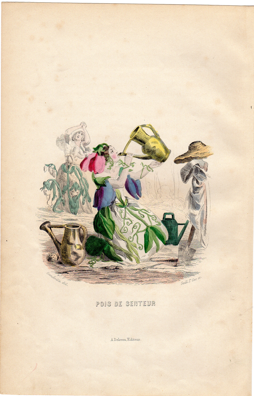 , Antique Print-FLOWERS PERSONIFIED-WOMEN-SWEET PEA-LATHYRUS-Grandville-1852, Pictura Antique Prints