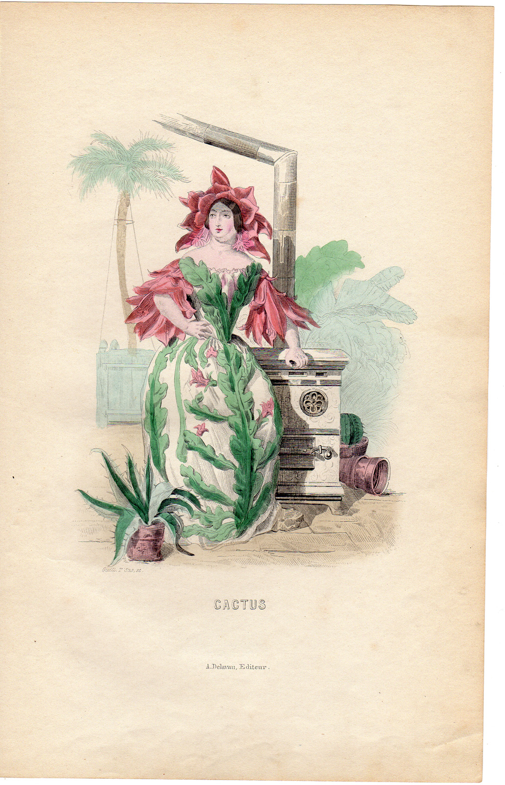 , Antique Print-FLOWERS PERSONIFIED-WOMAN CACTUS-STOVE-Grandville-1852, Pictura Antique Prints