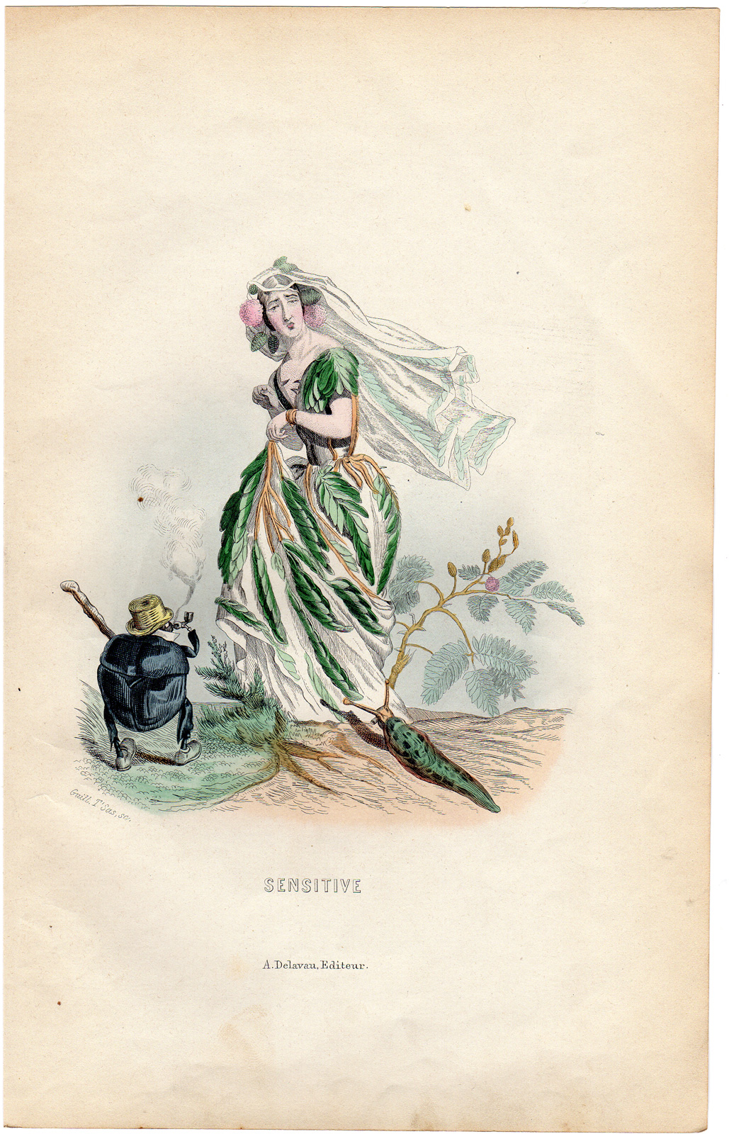 , Antique Print-FLOWERS PERSONIFIED-WOMAN-MIMOSA-SENSITIVE-SNAIL-Grandville-1852, Pictura Antique Prints