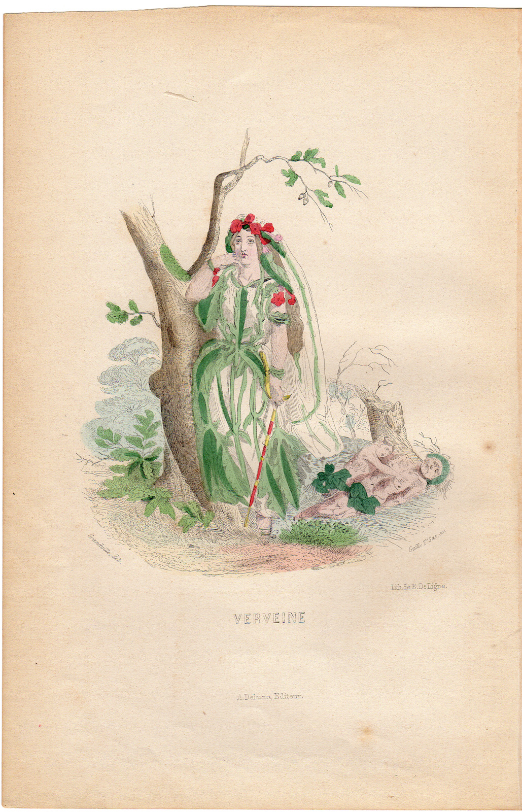, Antique Print-FLOWERS PERSONIFIED-WOMAN AS ALOYSIA-BEEBRUSH-Grandville-1852, Pictura Antique Prints