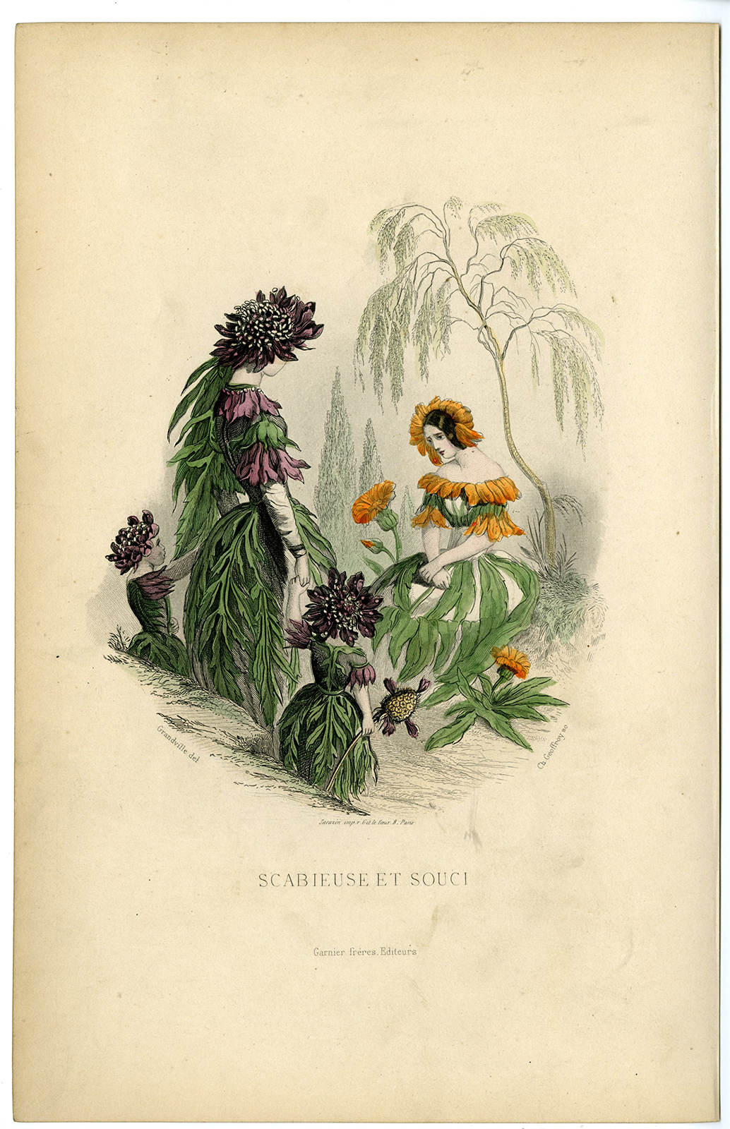 Pictura 08177 416x644 Antique Print-FLOWERS PERSONIFIED-WOMAN AS SCABIOSA-CALENDULA-Grandville-1852