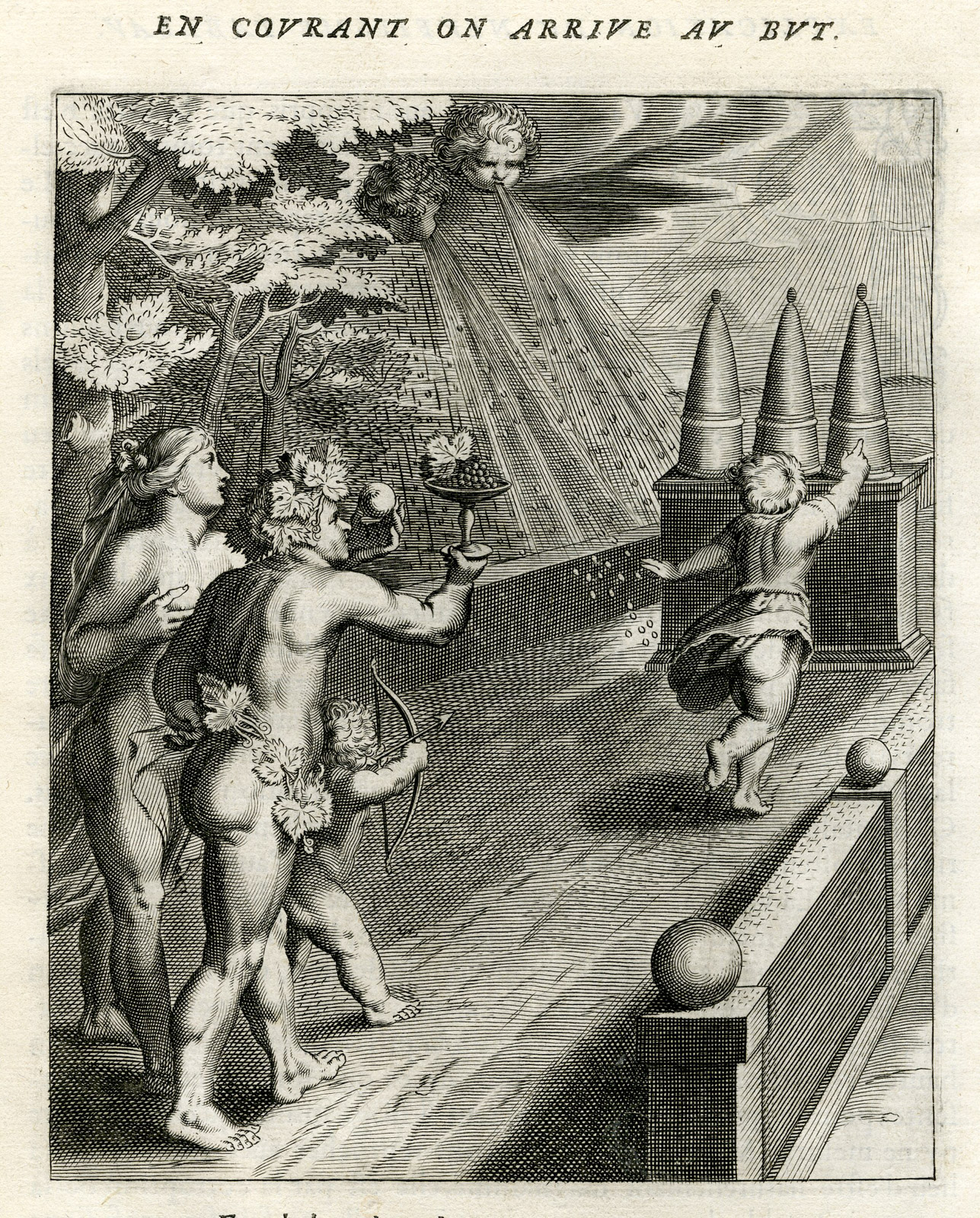 , Antique Print-RUNNING TO THE START-BACCHUS-PUTTI-Vaenius-Daret-1646, Pictura Antique Prints