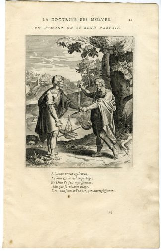 Antique Print-LOVE MAKES PERFECT-SCALE-BALANCE-PEACOCK-CLUB-Vaenius-Daret-1646