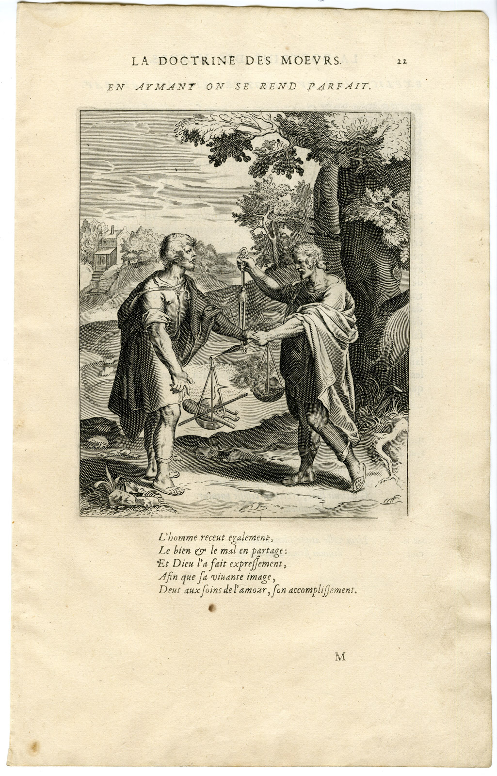 , Antique Print-LOVE MAKES PERFECT-SCALE-BALANCE-PEACOCK-CLUB-Vaenius-Daret-1646, Pictura Antique Prints