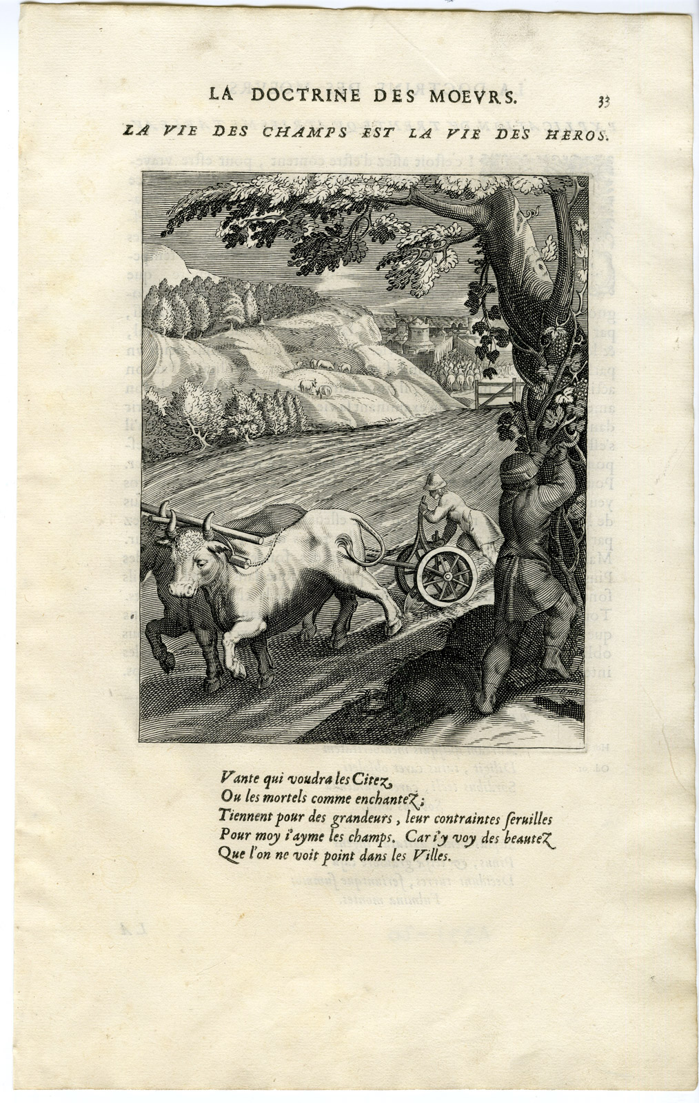 , Antique Print-COUNTRY LIFE IS PREFERABLE-OXEN-PLOUGH-GRAPES-Vaenius-Daret-1646, Pictura Antique Prints
