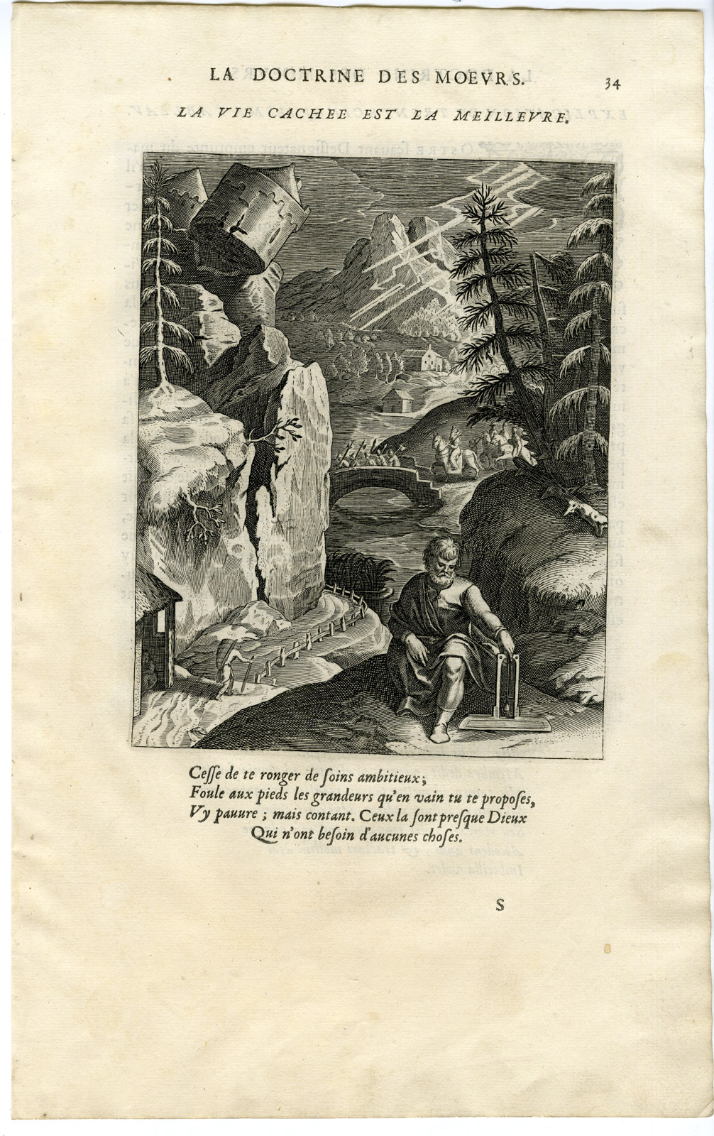 , Antique Print-SIMPLE-RETIRED LIFE IS PREFERABLE-Vaenius-Daret-1646, Pictura Antique Prints