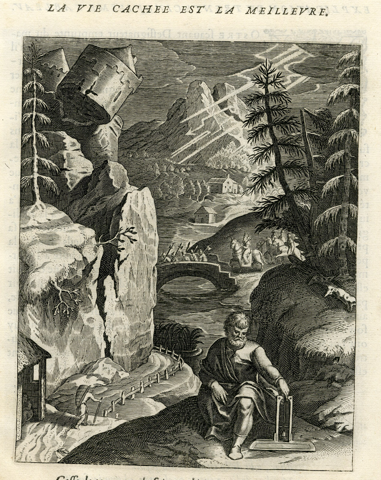 , Antique Print-SIMPLE-RETIRED LIFE IS PREFERABLE-Vaenius-Daret-1646, Pictura Antique Prints