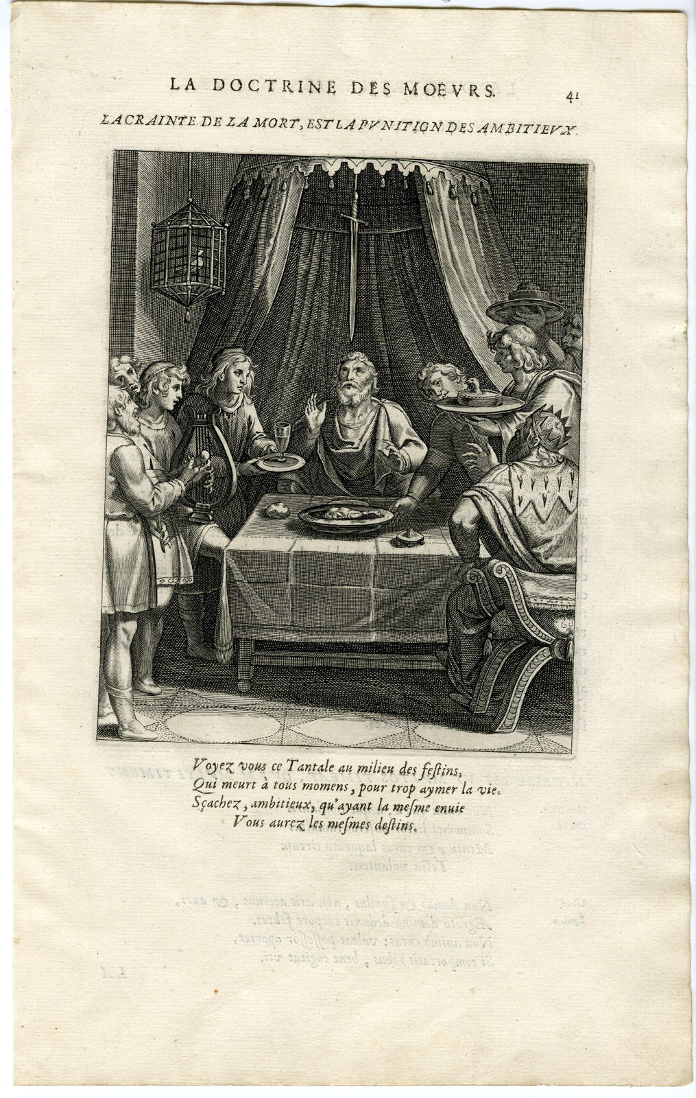 , Antique Print-DEATH-AMBITION-SWORD-DAMOCLES-TANTALUS-BANQUET-Vaenius-Daret-1646, Pictura Antique Prints
