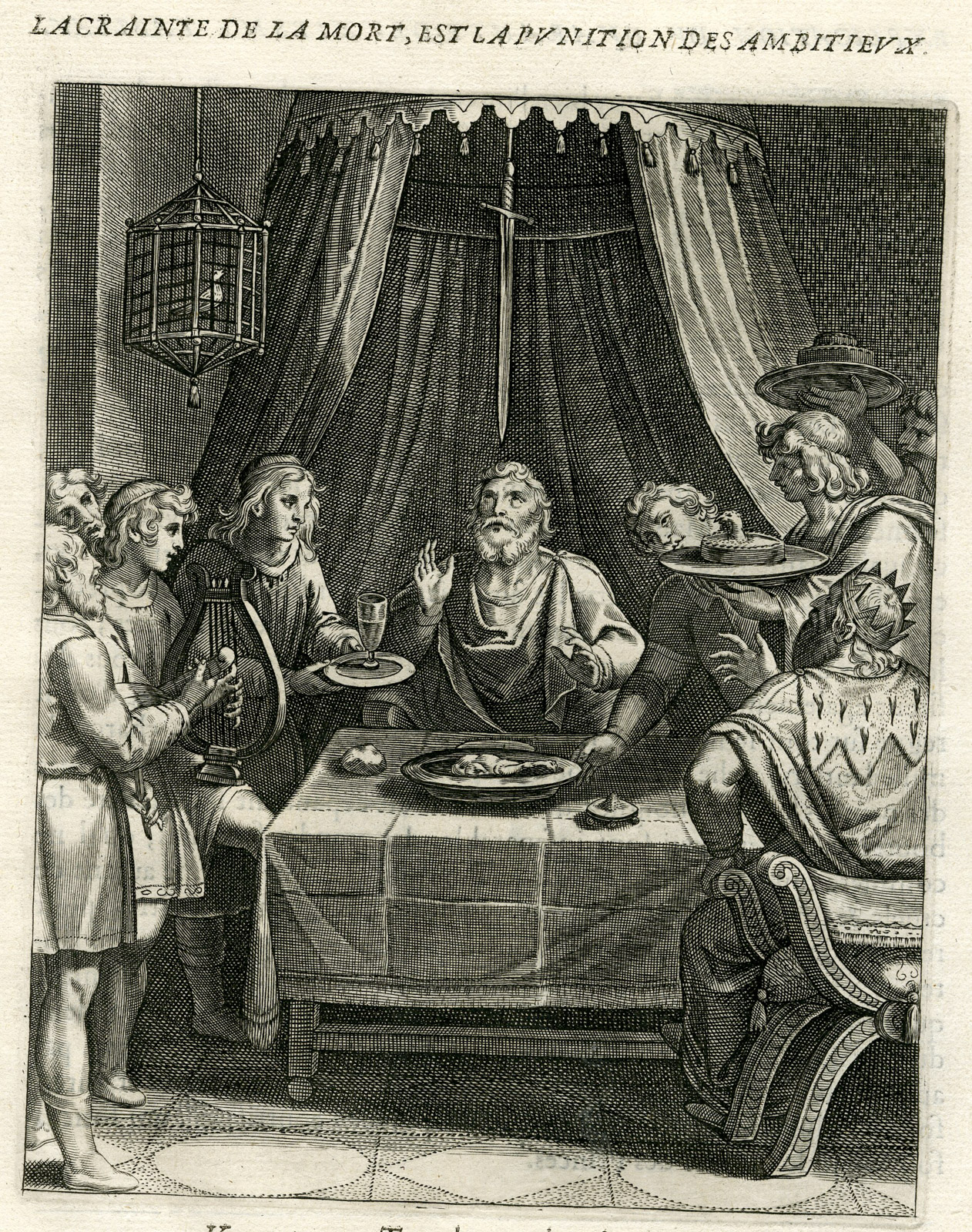 , Antique Print-DEATH-AMBITION-SWORD-DAMOCLES-TANTALUS-BANQUET-Vaenius-Daret-1646, Pictura Antique Prints