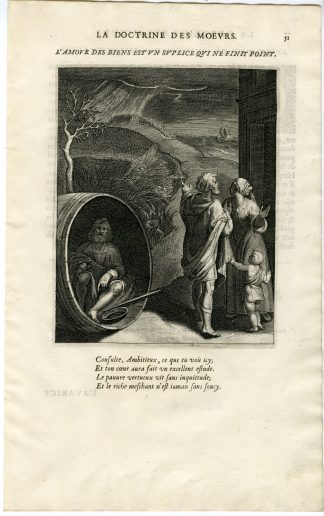 Antique Print-LOVE OF RICHES IS ENDLESS PAIN-BARREL-POOR MAN-STORM-DESTRUCTION-Vaenius-Daret-1646