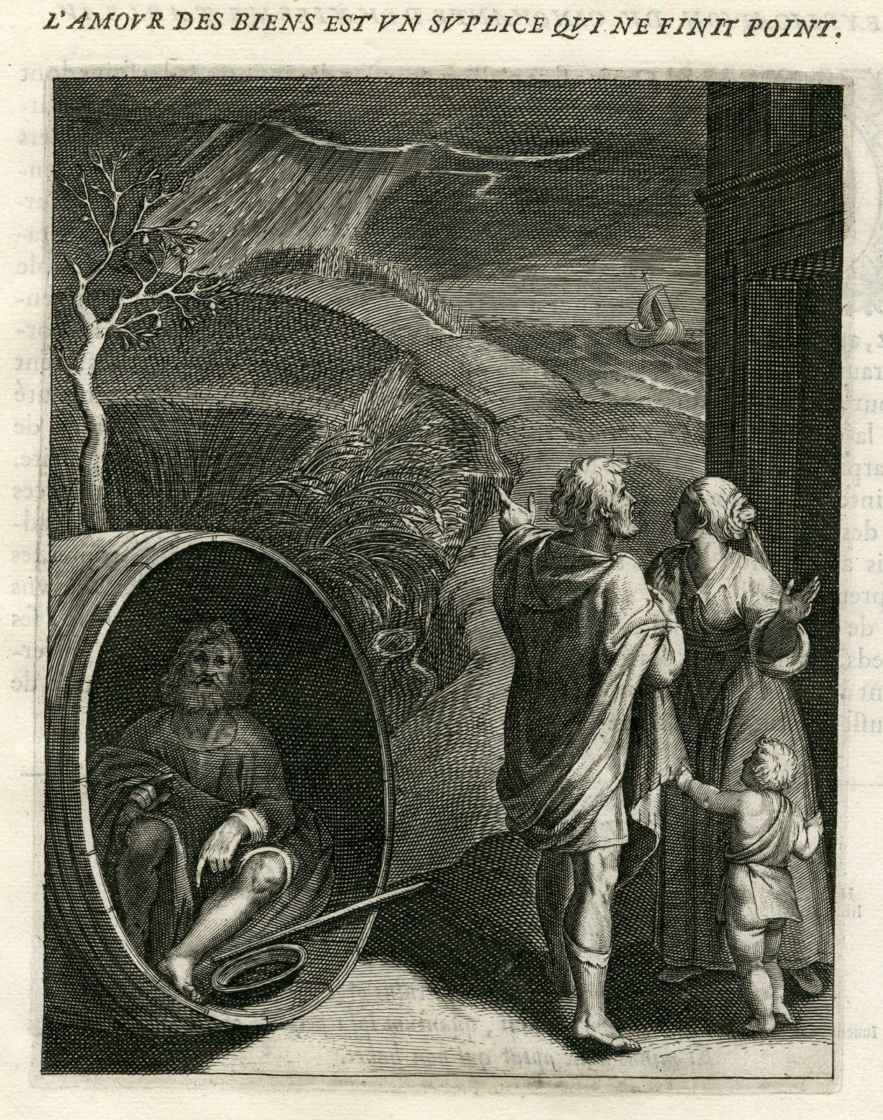 , Antique Print-LOVE OF RICHES IS ENDLESS PAIN-BARREL-POOR MAN-STORM-DESTRUCTION-Vaenius-Daret-1646, Pictura Antique Prints