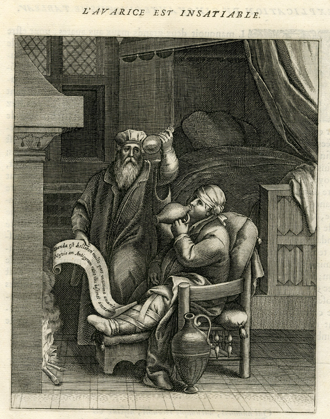 , Antique Print-MISERLINESS IS INSATIABLE-SICK-DOCTOR-PISKIJKER-Vaenius-Daret-1646, Pictura Antique Prints