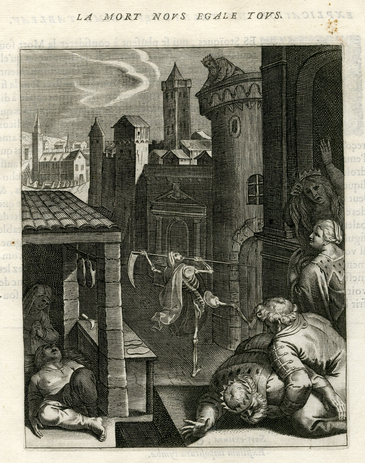 , Antique Print-DEATH MAKES US ALL EQUAL-KING OR POOR-Vaenius-Daret-1646, Pictura Antique Prints