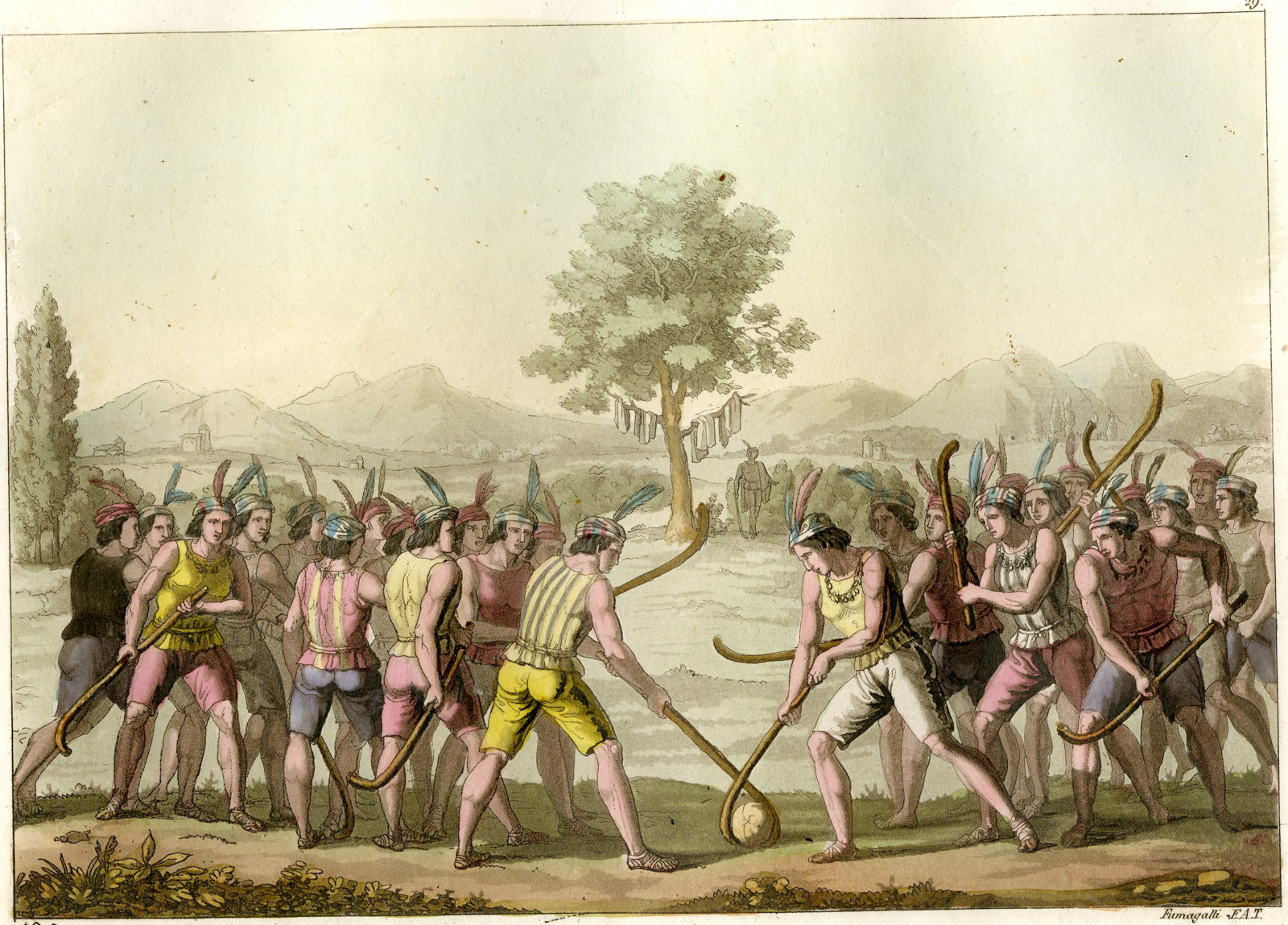, Antique Print-CIUECA-CHILEAN TRADITIONAL HOCKEY LIKE GAME-PL.29-Ferrario-Bramati-Fumagalli-1821, Pictura Antique Prints
