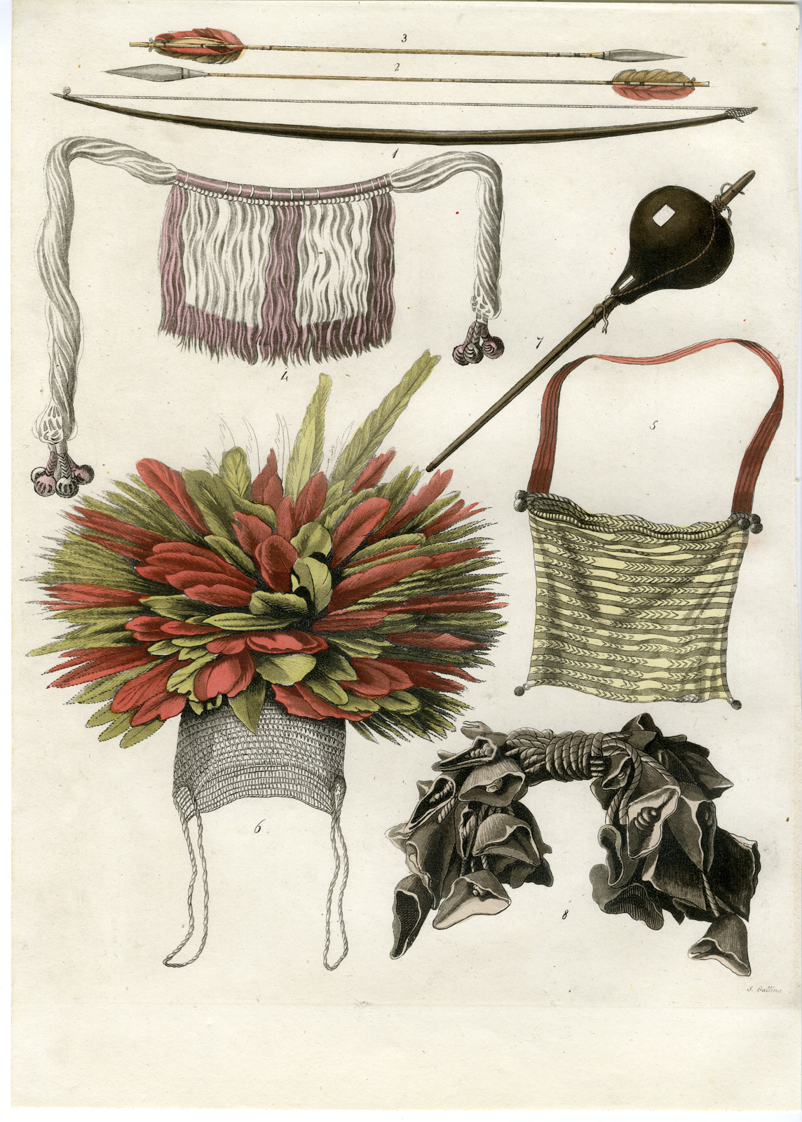, Antique Print-CAMACINI INDIANS-NATIVES-CAMACANI-UTENSILS-ATTIRE-BRAZIL-PL.54-Ferrario-Gallina-1821, Pictura Antique Prints