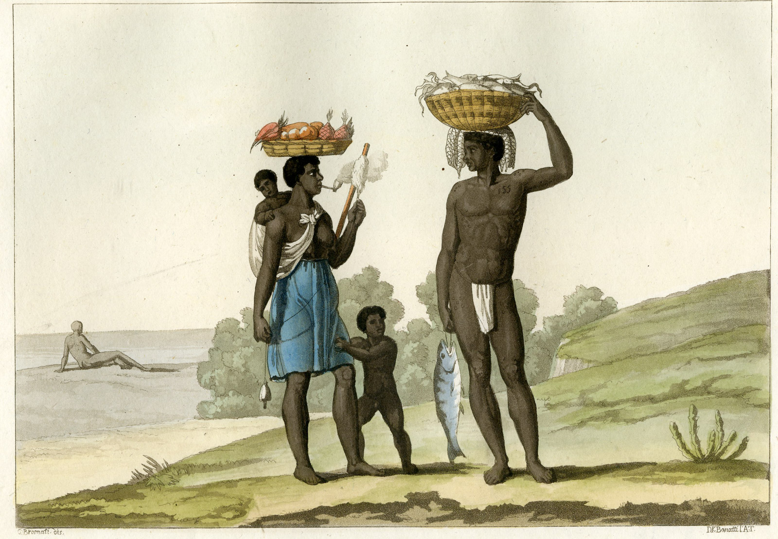 , Antique Print-SLAVERY-COLORED-NEGRO FAMILY-PL.-63-Ferrario-Bonatti-1821, Pictura Antique Prints