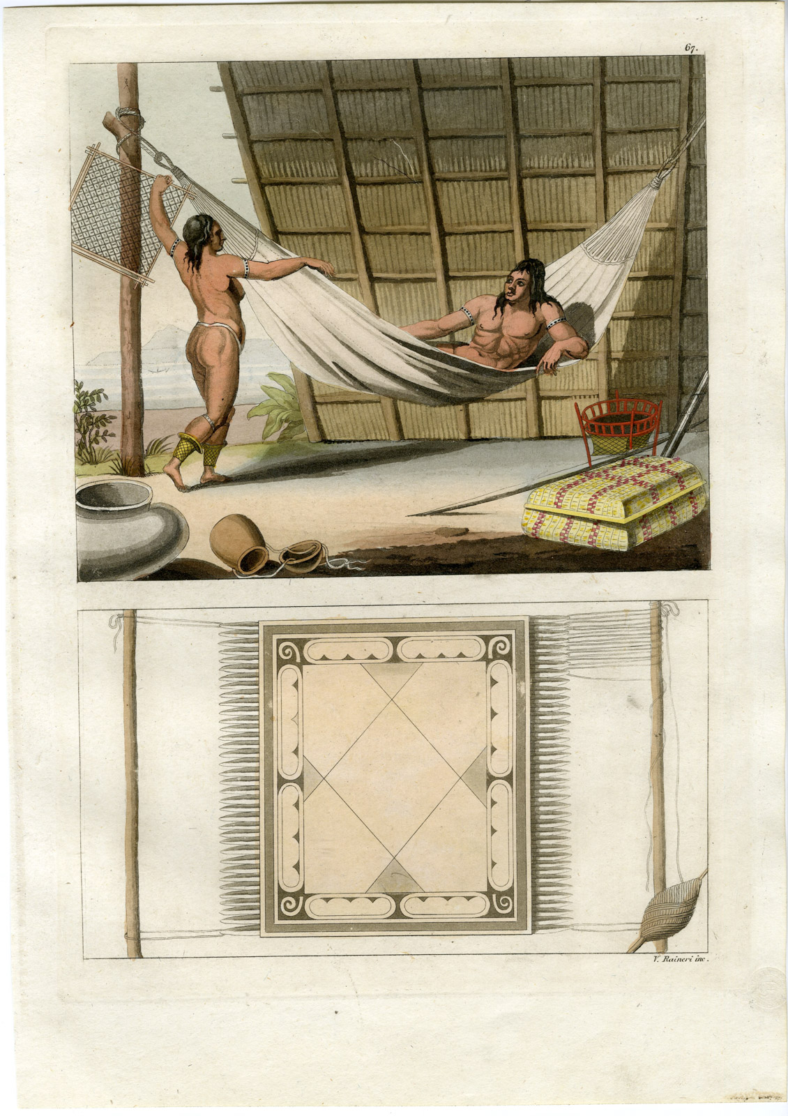 , Antique Print-CARRIBEAN-INDIGENOUS TOOLS-HAMMOCK-WEAVING-PL.-67-Ferrario-Fumagalli-1821, Pictura Antique Prints
