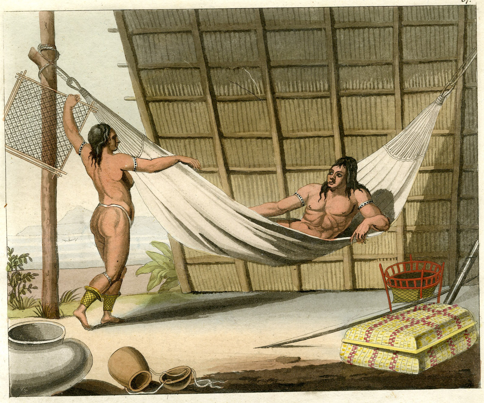 , Antique Print-CARRIBEAN-INDIGENOUS TOOLS-HAMMOCK-WEAVING-PL.-67-Ferrario-Fumagalli-1821, Pictura Antique Prints