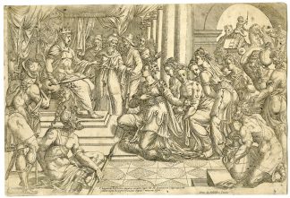 Rare Antique Master Print-KING SOLOMON-QUEEN OF SHEBA-Heemskerck-Nobili-c.1584