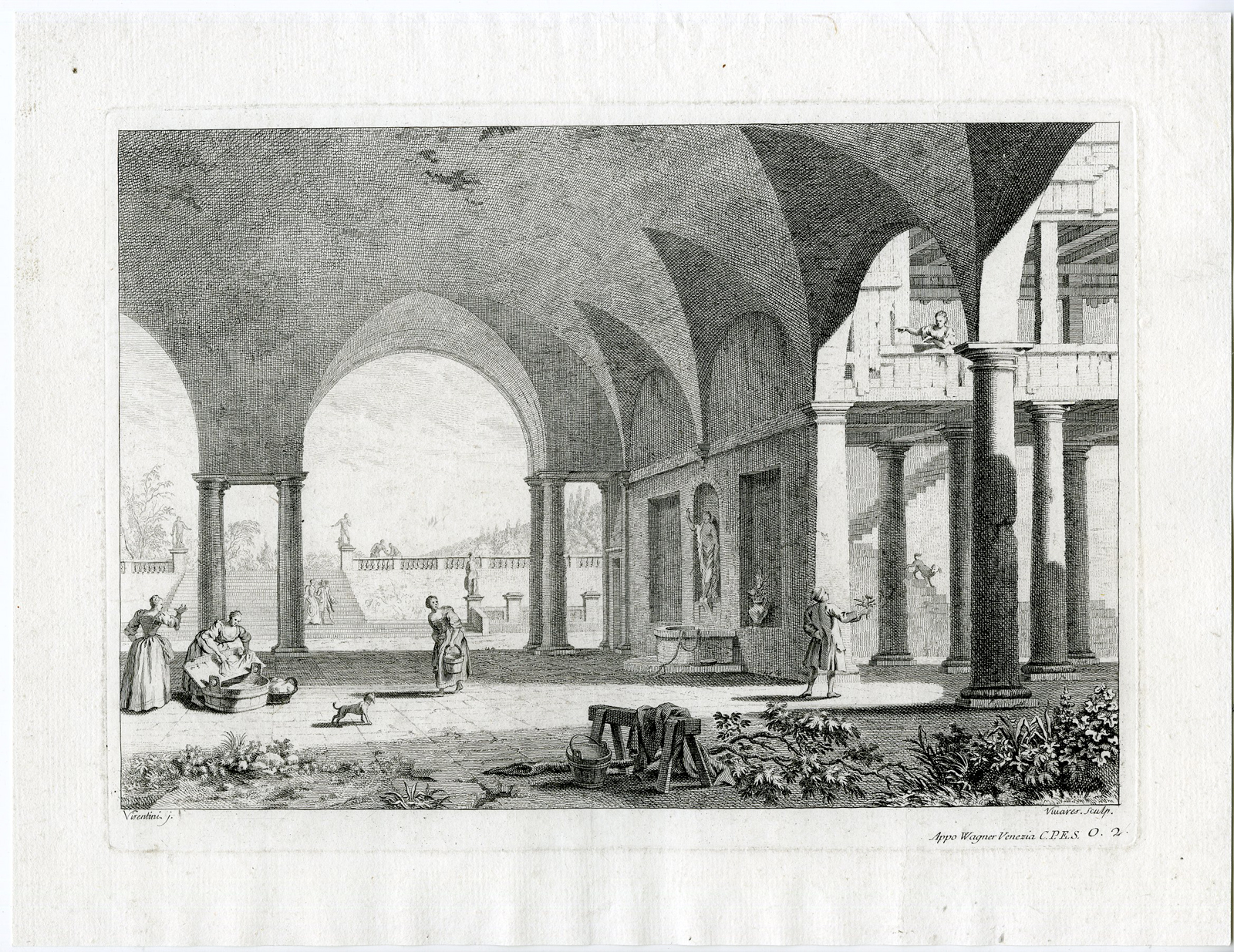 , Antique Print-ITALIAN COURTYARD-WASHING WOMEN-Visentini-Vivares-c.1750, Pictura Antique Prints