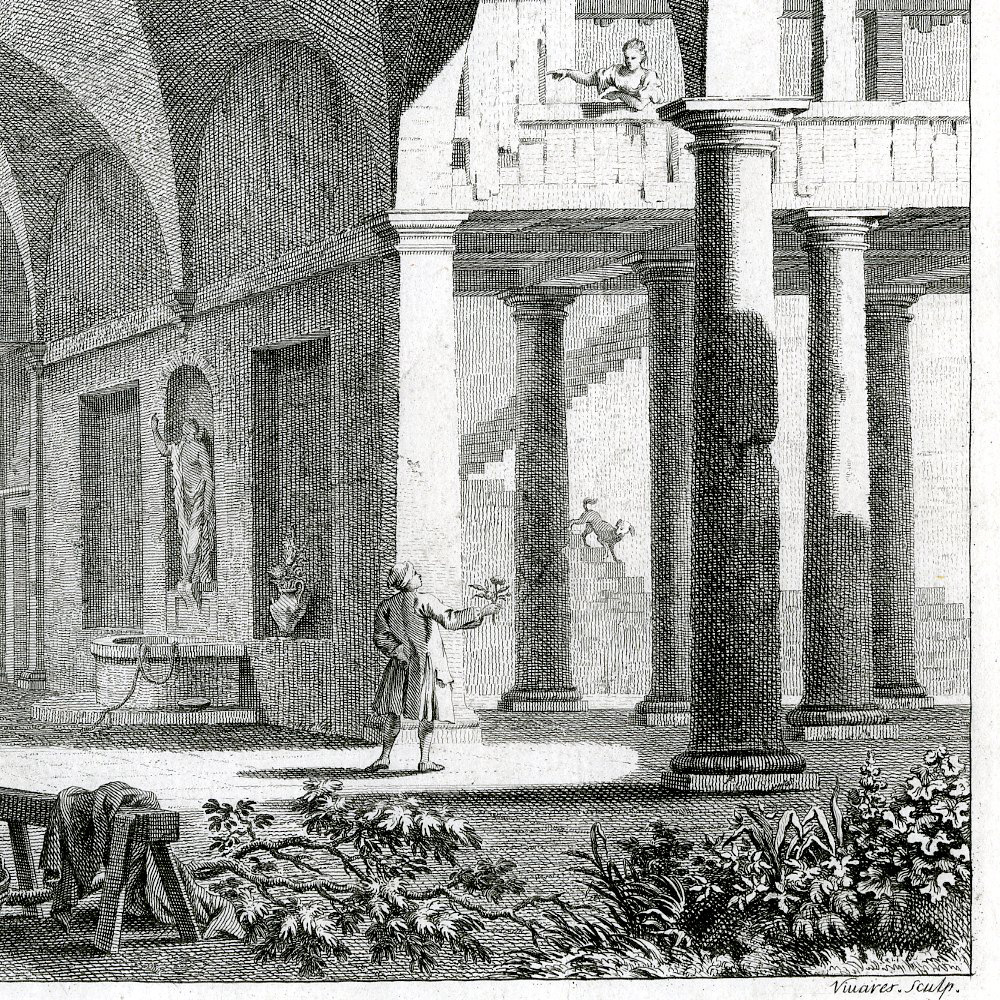 , Antique Print-ITALIAN COURTYARD-WASHING WOMEN-Visentini-Vivares-c.1750, Pictura Antique Prints