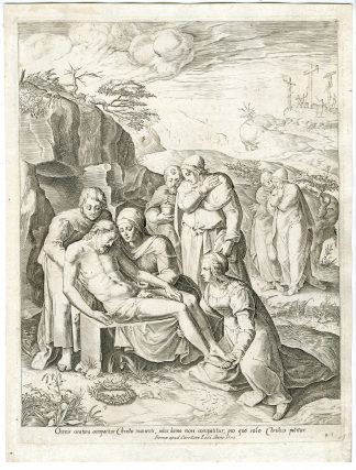 Antique Master Print-ENTOMBMENT-JESUS-RELIGION-Clovio-Tibaldi after Cort-1553