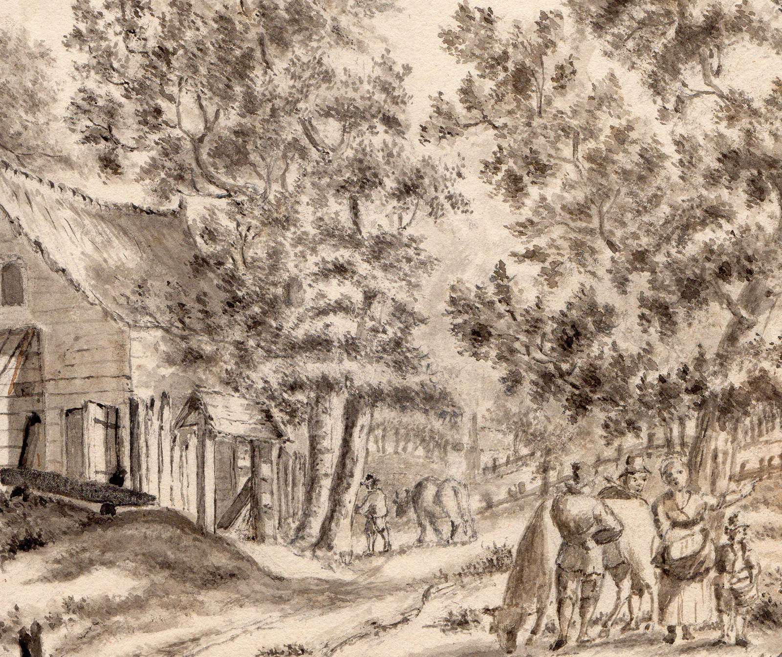 , Antique Drawing-DUTCH LANDSCAPE-HOUSE IN FOREST-COWS-DOG-Jantzen-c.1780, Pictura Antique Prints