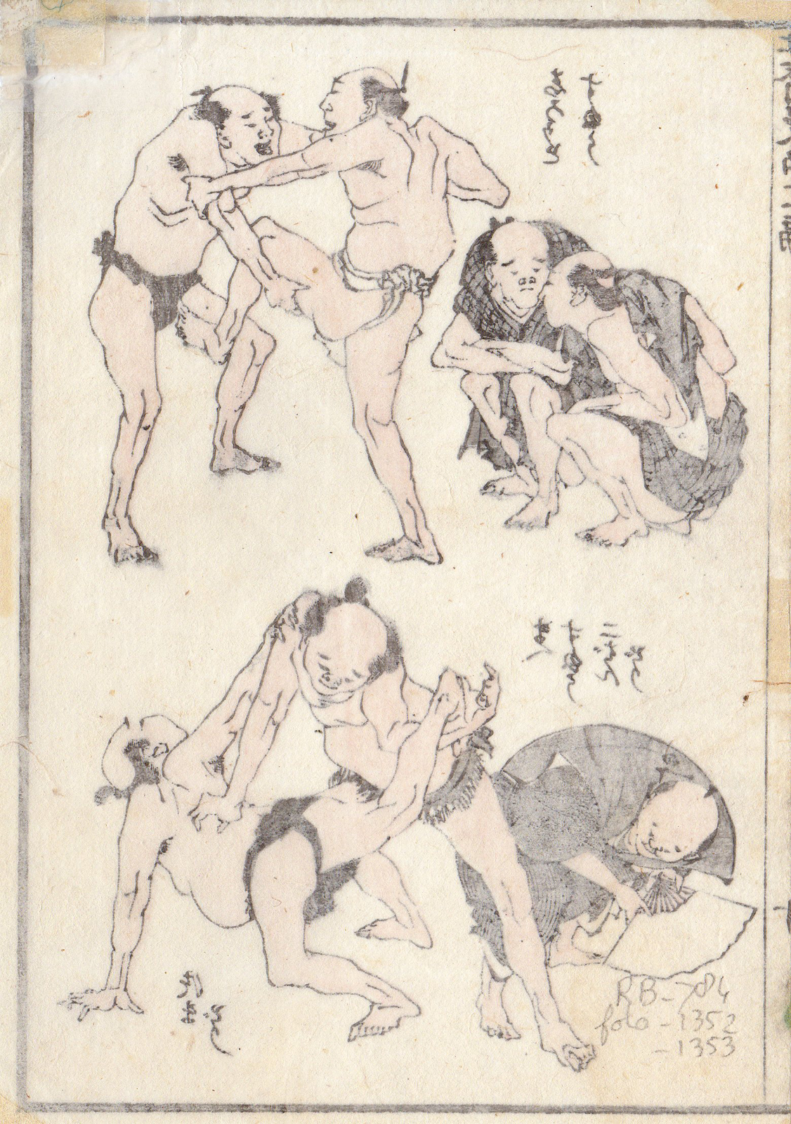, Antique Print-JAPANESE WOODBLOCK-WRESTLING-MAN WITH FAN-MANGA-Hokusai-c.1878, Pictura Antique Prints