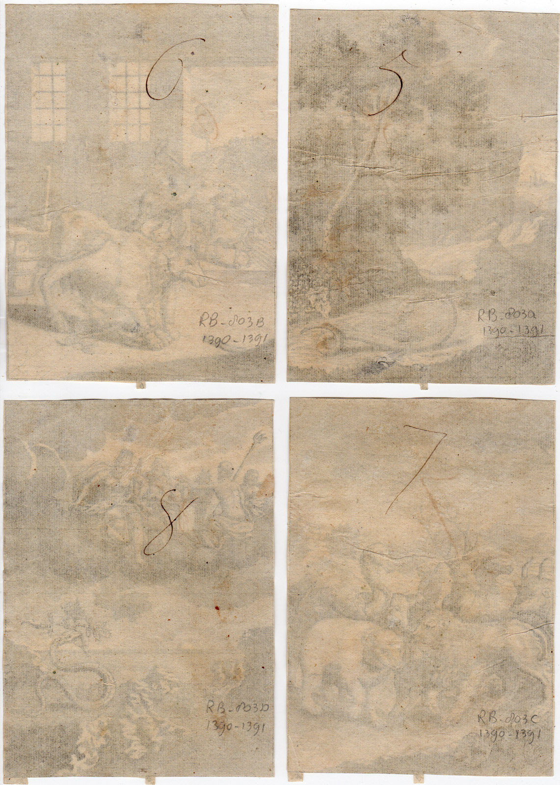 , 4 Antique Prints-FABLES 5-8-ANIMALS-BIRDS-Gheeraerts
-Krafft-1734, Pictura Antique Prints