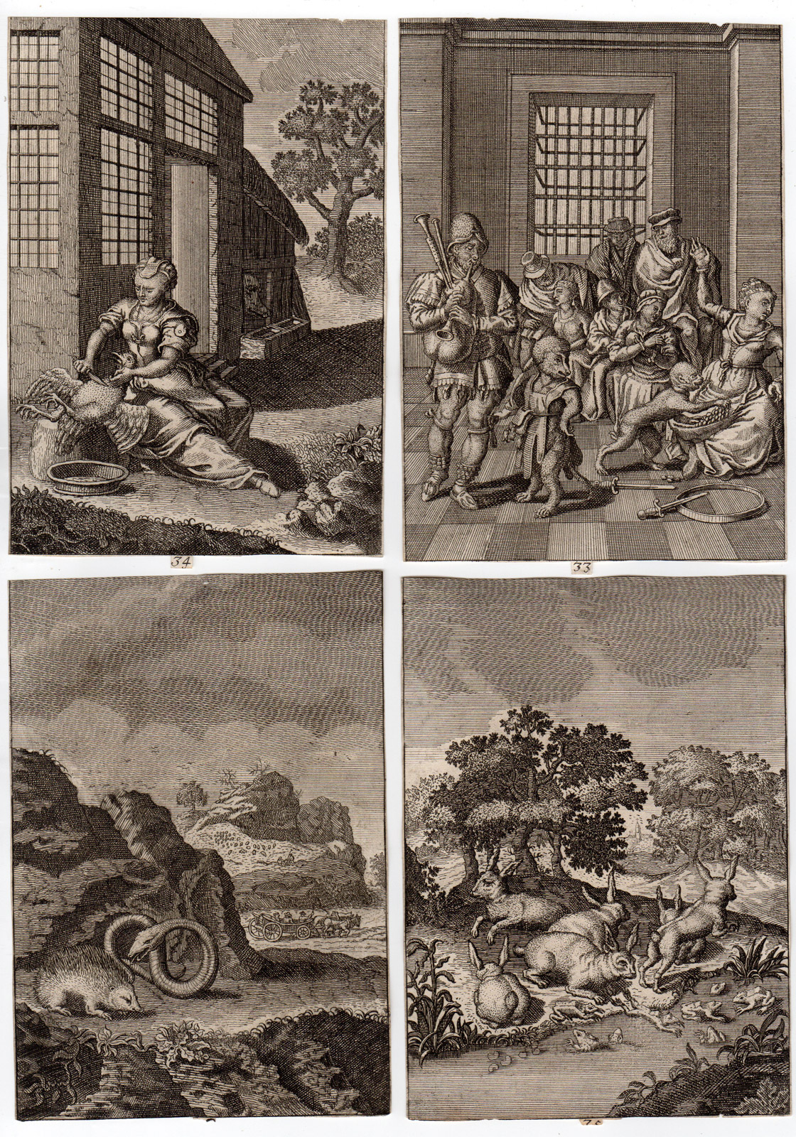 , 4 Antique Prints-FABLES 33-36-ANIMALS-BIRDS-Gheeraerts
-Krafft-1734, Pictura Antique Prints