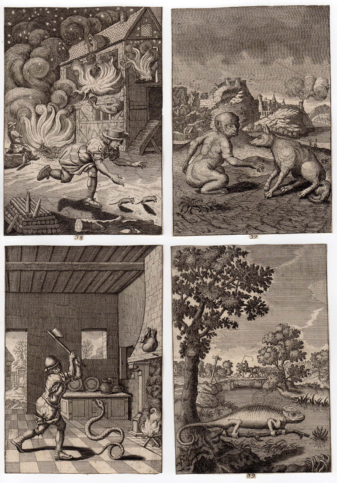 , 4 Antique Prints-FABLES 37-40-ANIMALS-BIRDS-Gheeraerts
-Krafft-1734, Pictura Antique Prints