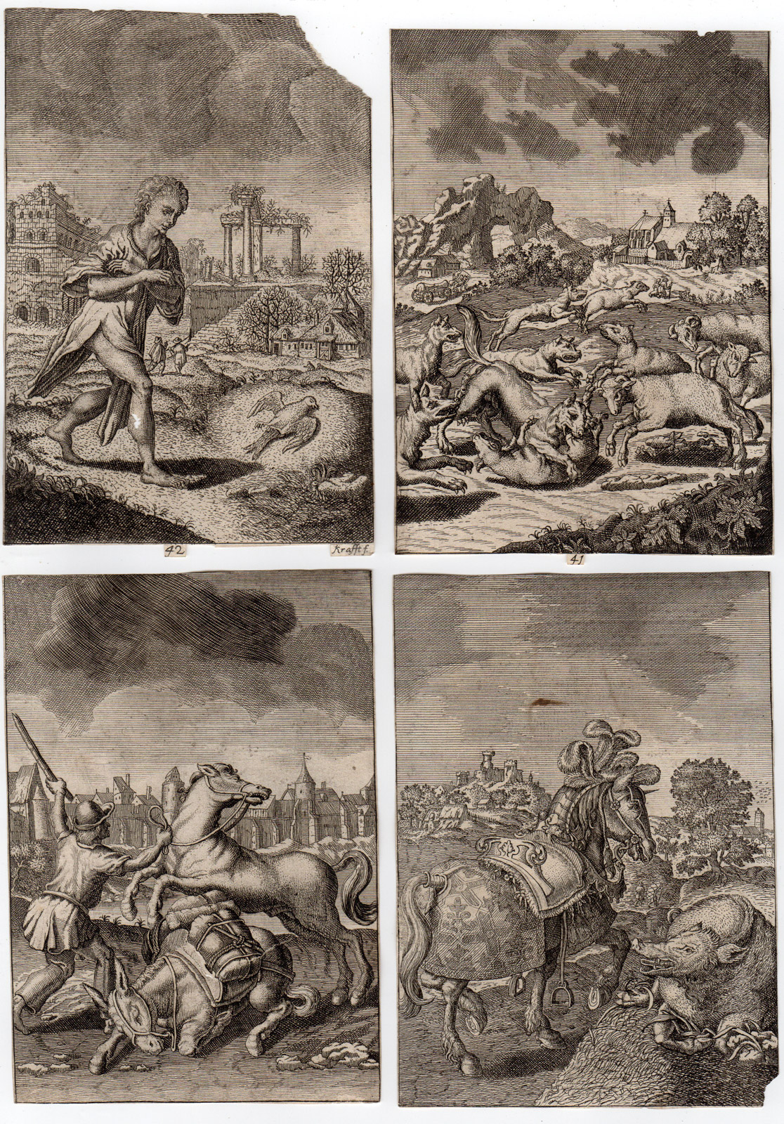 , 4 Antique Prints-FABLES 41-44-ANIMALS-BIRDS-Gheeraerts
-Krafft-1734, Pictura Antique Prints