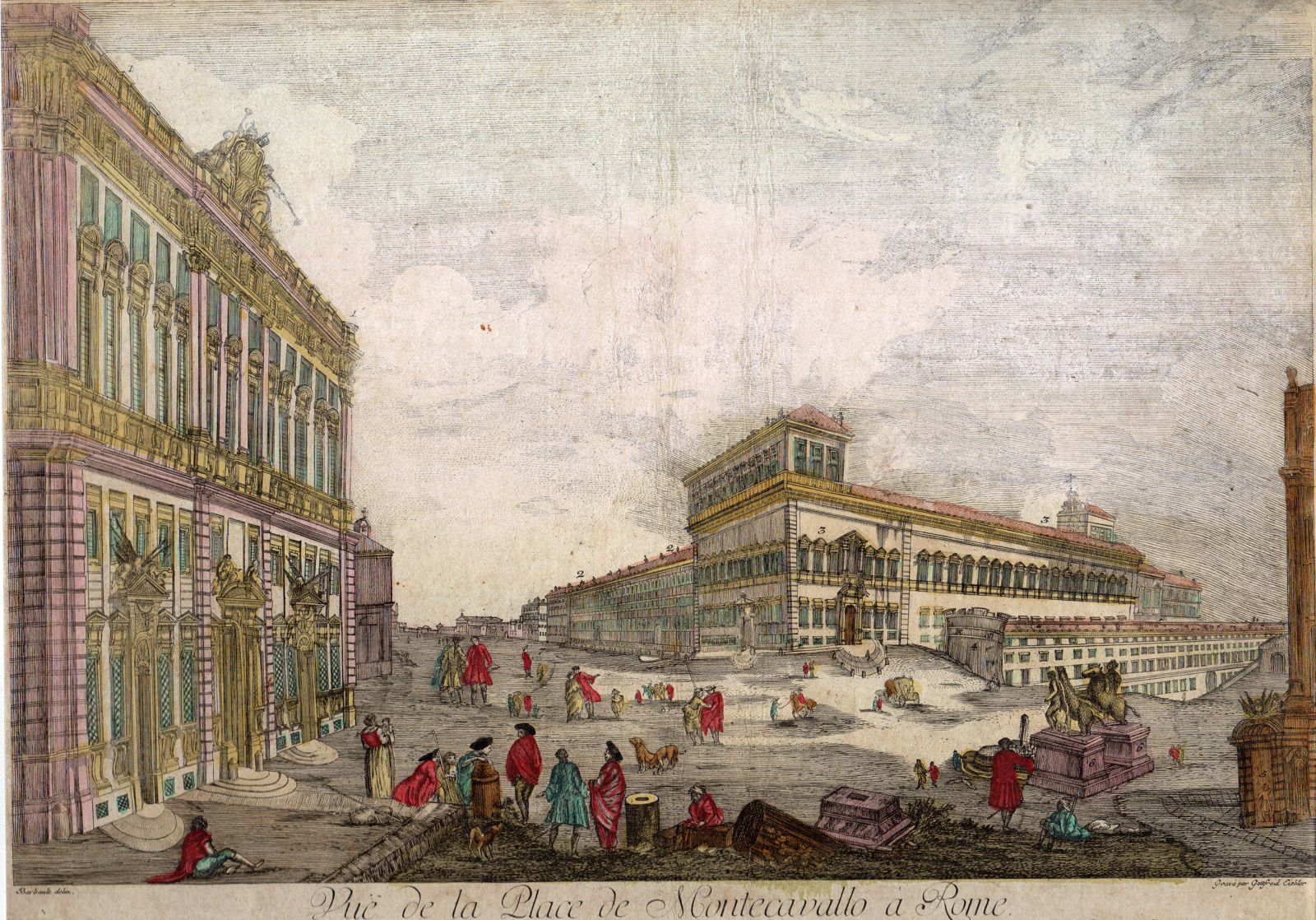 , Antique Print-OPTICAL PRINT-ROME-MONTECAVALLO-QUIRINAL-Barbault -Eichler-1750, Pictura Antique Prints
