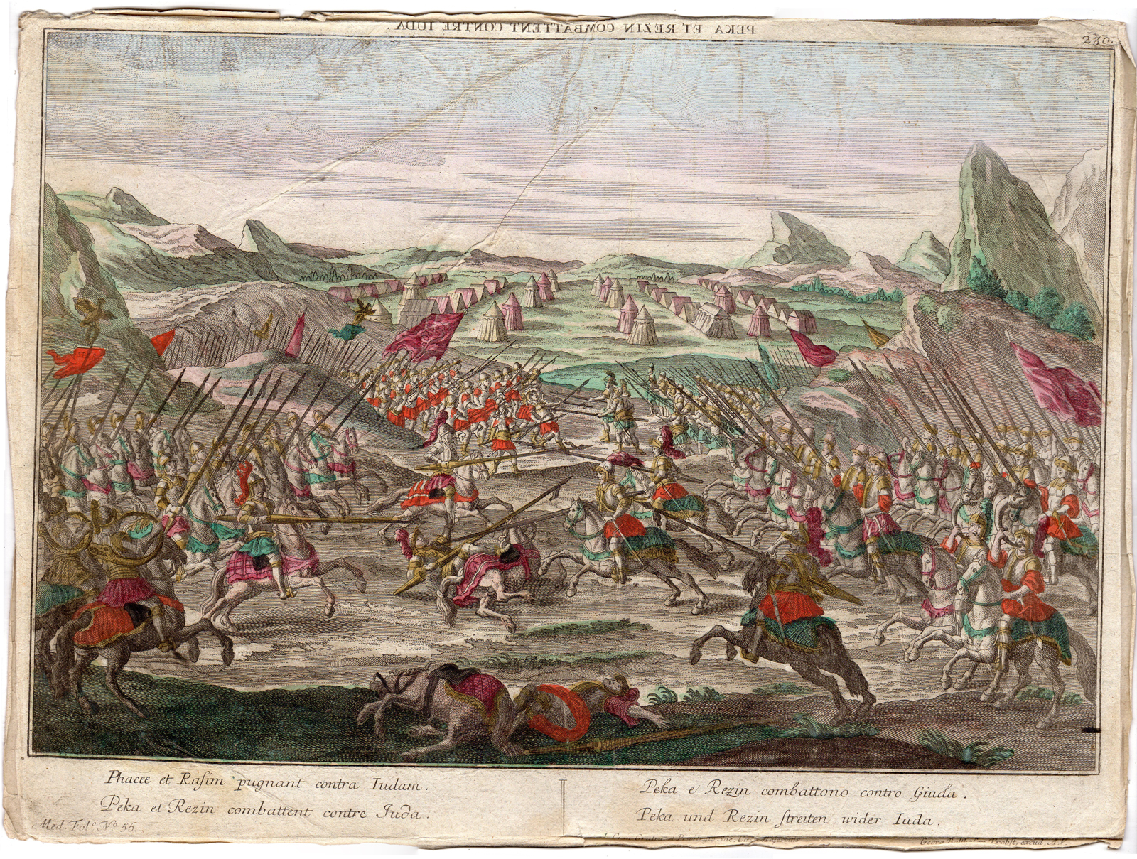 , Antique Print-OPTICAL PRINT-BIBLICAL COMBAT-JUDA-PEKA AND REZIN-Probst -ca.1770, Pictura Antique Prints
