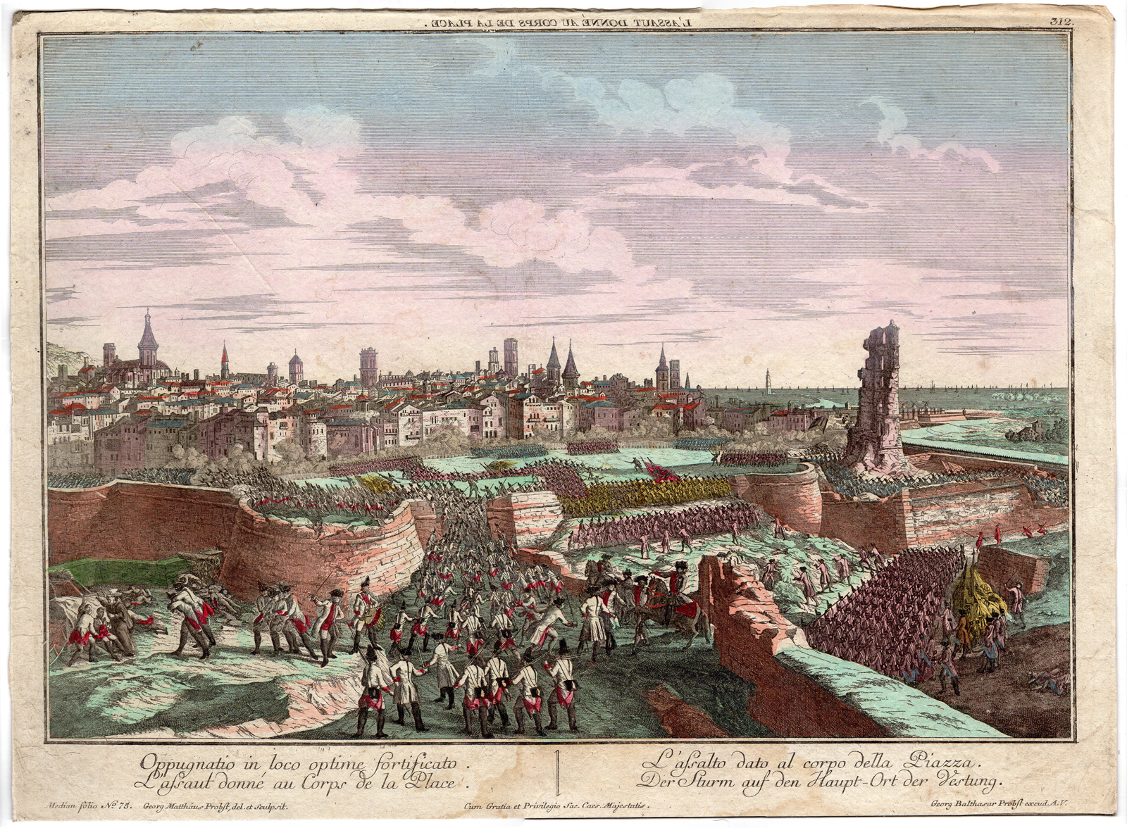 , Antique Print-OPTICAL PRINT-SPAIN-BARCELONA-SIEGE 1714-Probst -ca.1760, Pictura Antique Prints