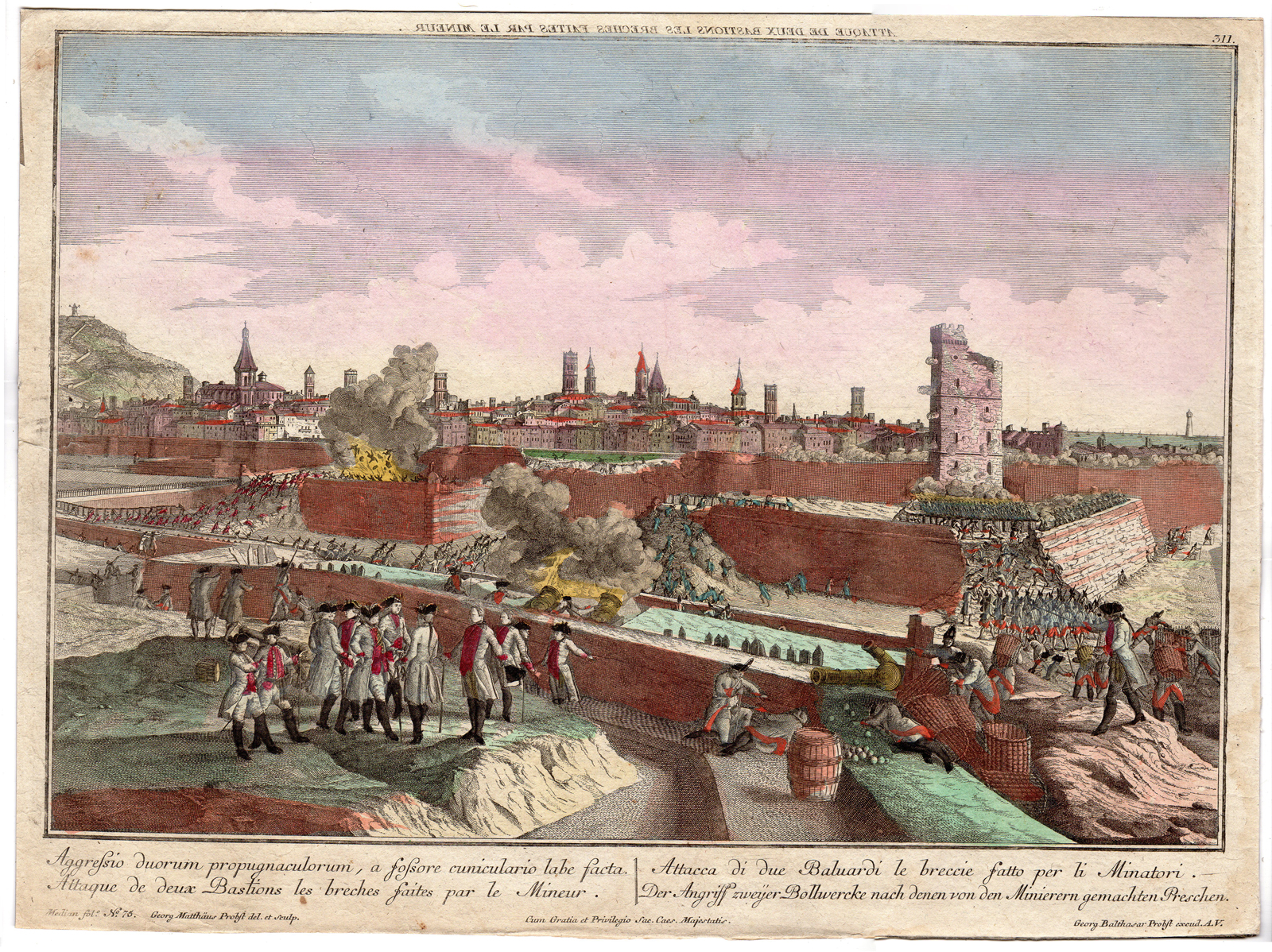 , Antique Print-OPTICAL PRINT-CITY CONQUEST-ARTILLERY-CANONS-Probst -ca.1760, Pictura Antique Prints