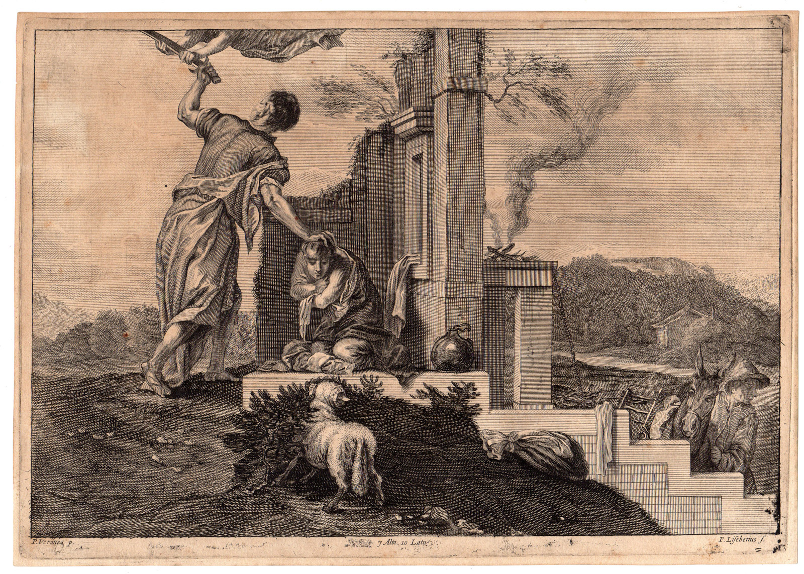 , Antique Print-ISAAC-ABRAHAM-SACRIFICE-Teniers-Veronese-Liesebetten-1673, Pictura Antique Prints