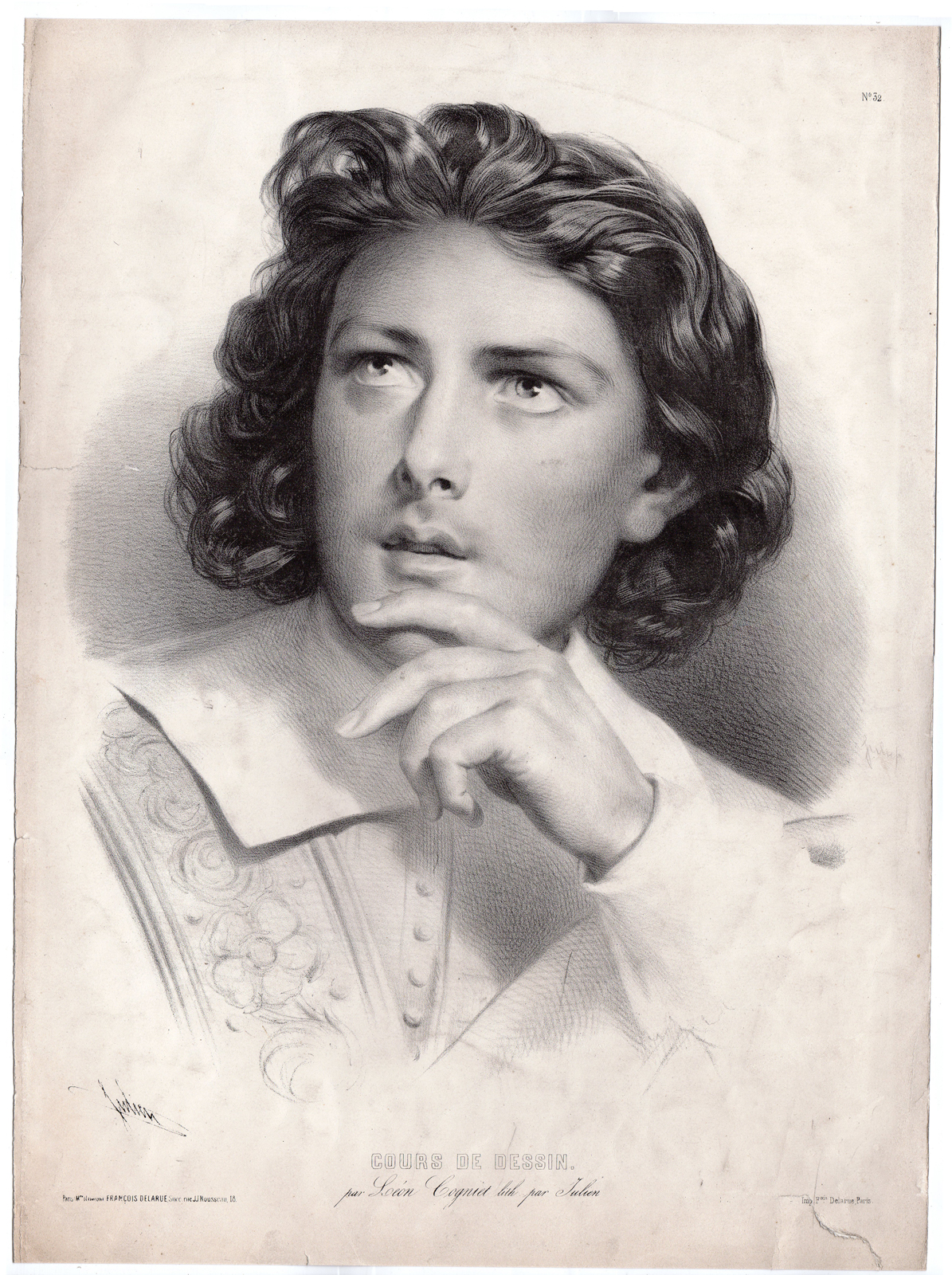 , Antique Print-PORTRAIT-YOUNG MAN-CURLY HAIR-Cogniet-Julien-ca. 1850, Pictura Antique Prints