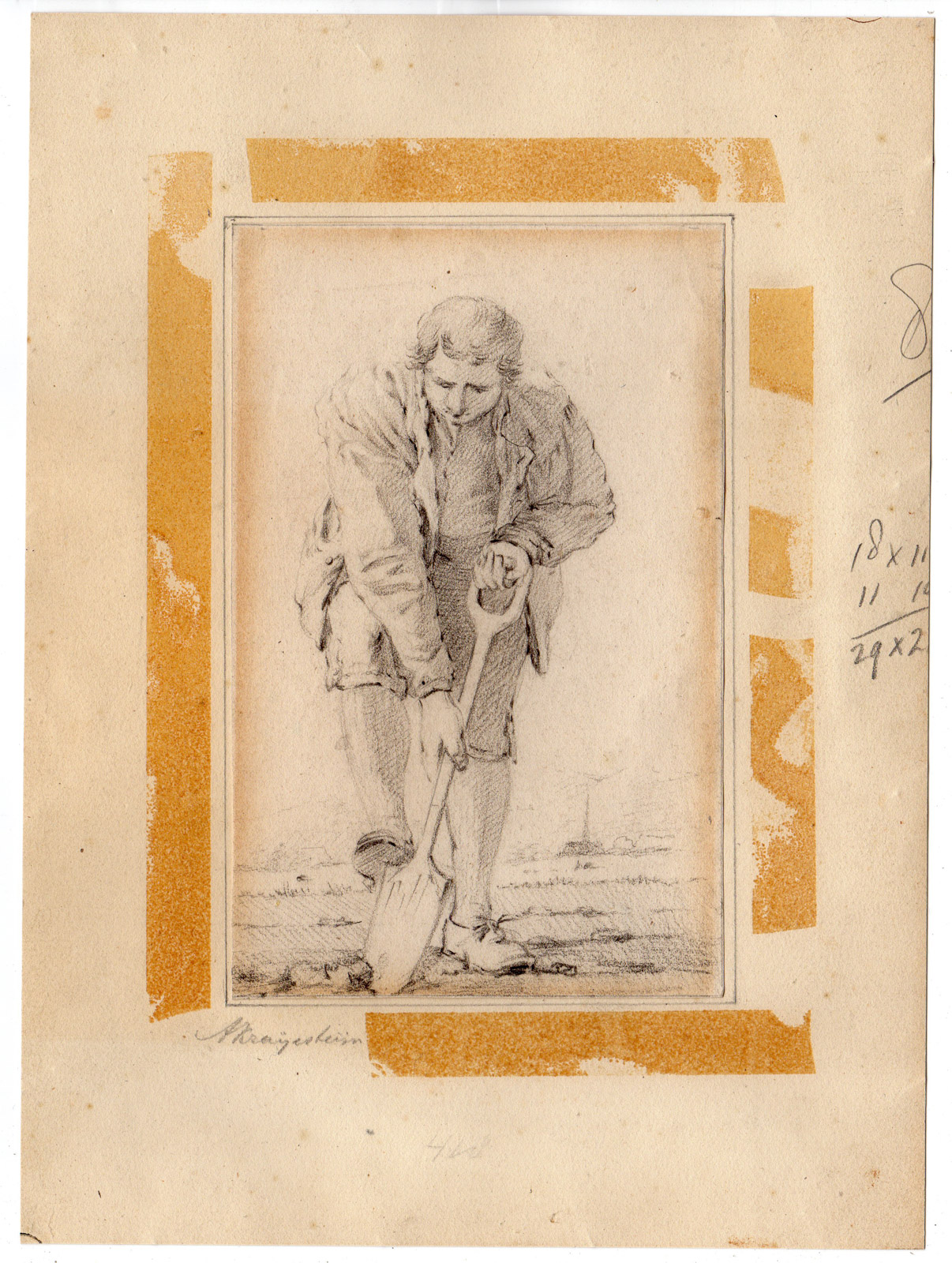 , Antique Drawing-MAN DIGGING-SPADE-FARMER-ZEELAND-Krayestein-c.1825, Pictura Antique Prints